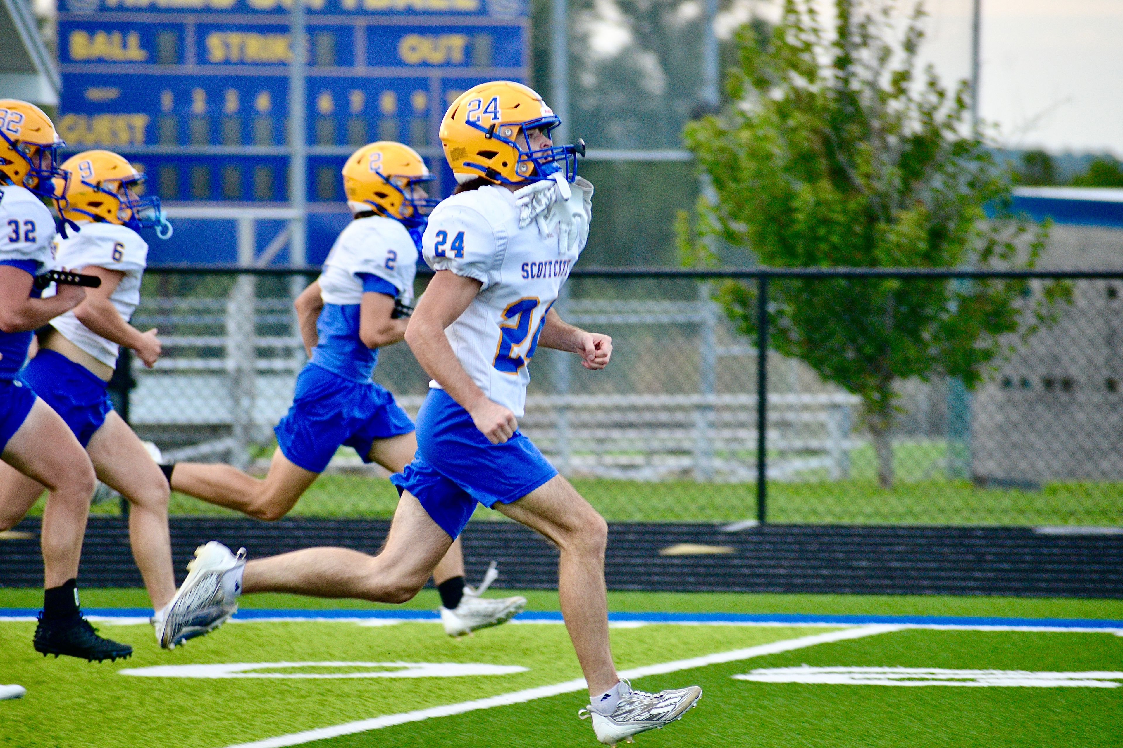 Scott City running back Rustyn Underwood runs ahead the pack during a recent practice in Scott City, Mo.