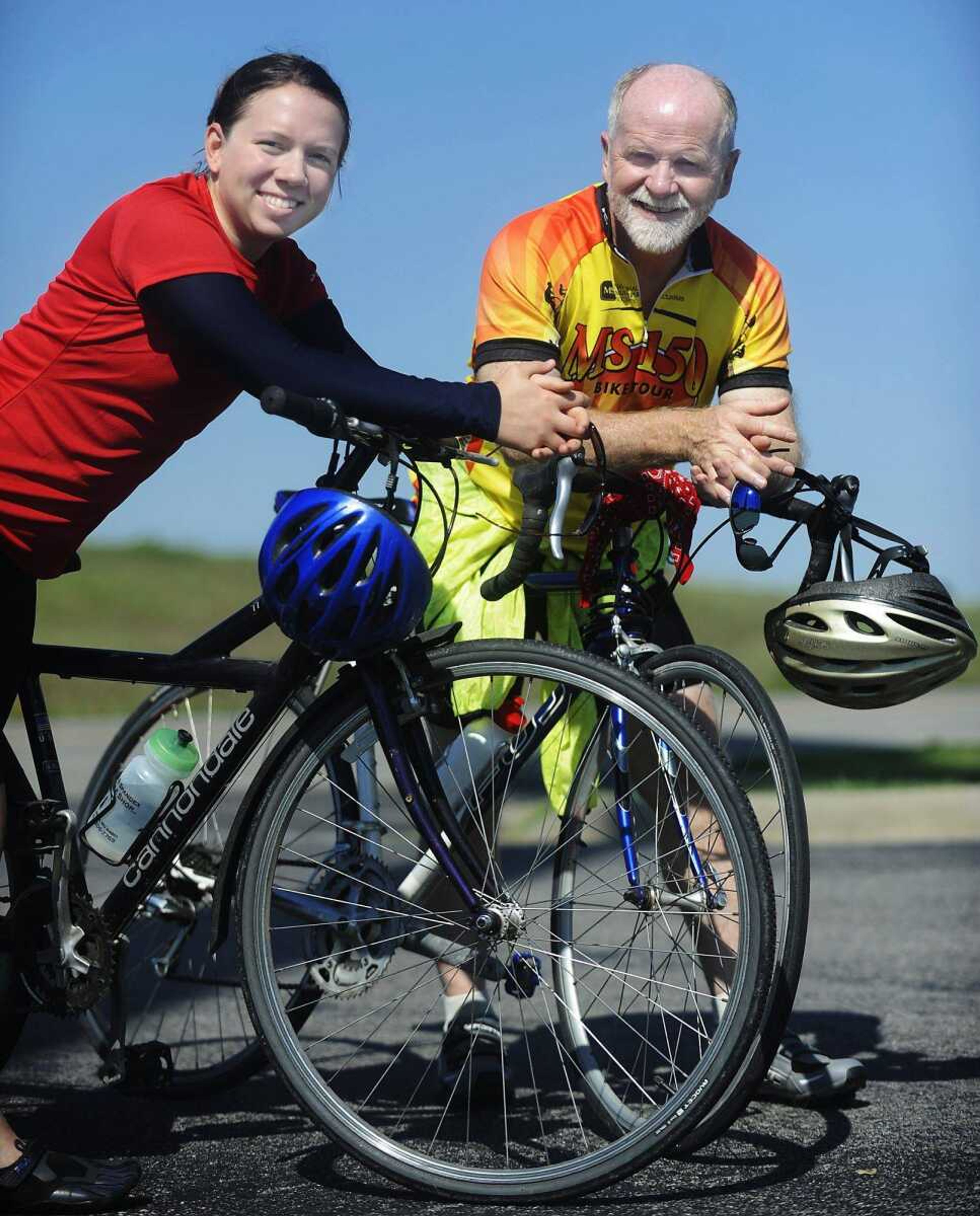 Dave Hardesty, right and his granddaughter, Marie Getts, are training for the Bike MS ride this weekend in Columbia, Mo. A fundraiser for the National Multiple Sclerosis Society, the ride has 40-, 75- and 100-mile options. (ADAM VOGLER)