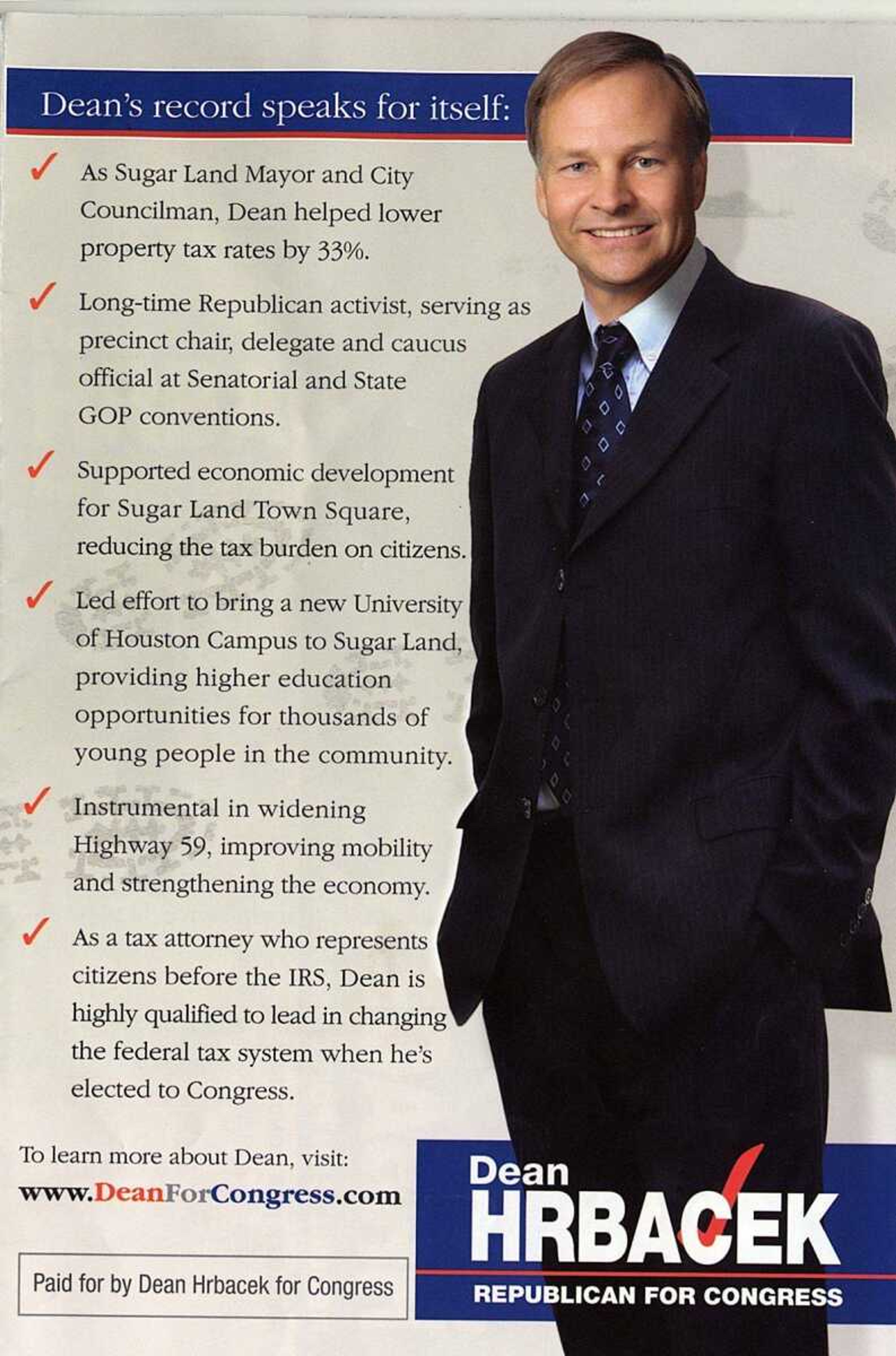 This campaign brochure for former Sugar Land, Texas,  Mayor Dean Hrbacek, a Republican candidate for U.S. Congress, shows a slimmer-than-usual  Hrbacek. (Houston Chronicle)