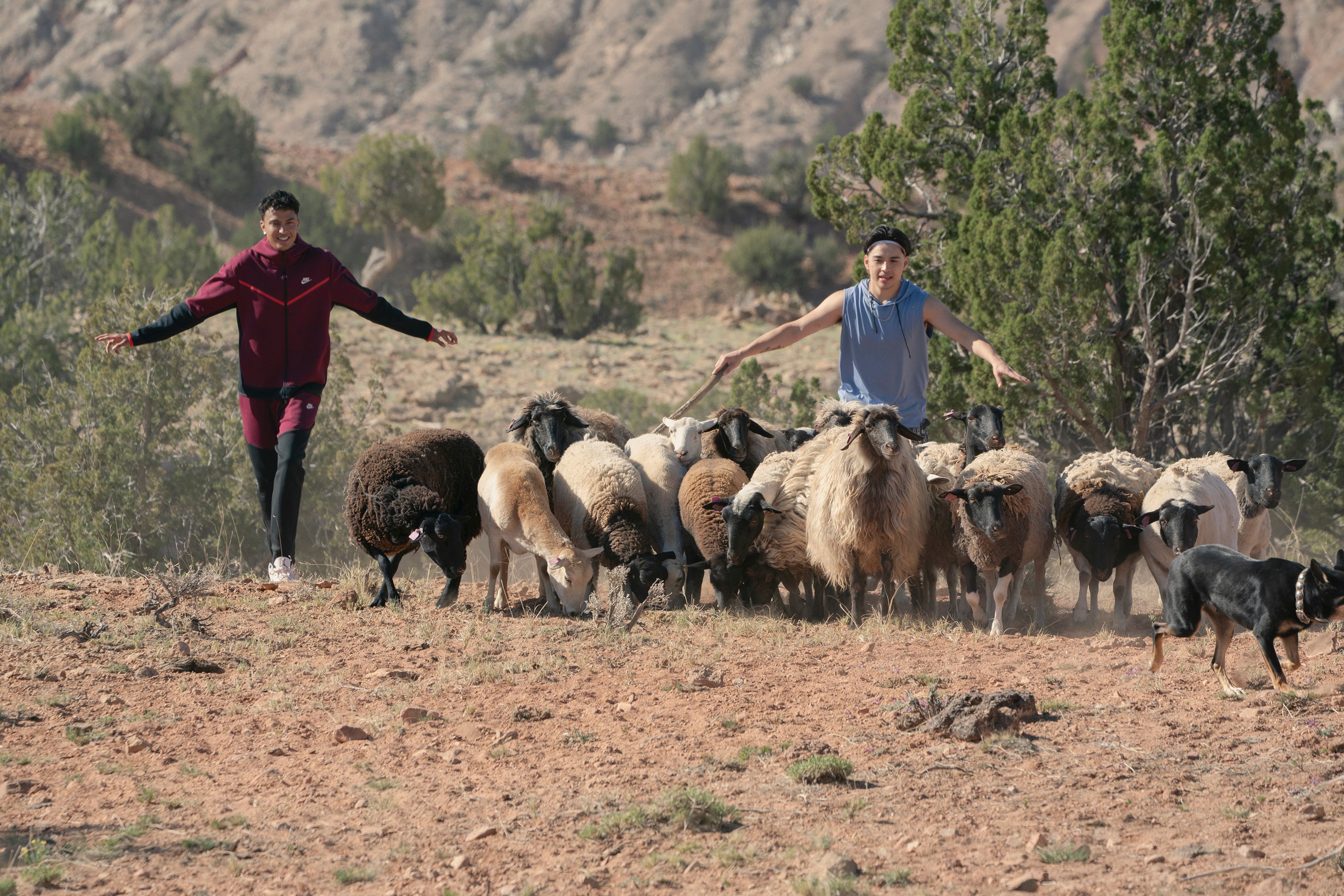 This image released by Netflix shows Kauchani Bratt as Jimmy, left, and Devin Sampson-Craig as Bryson, in a scene from the film "Rez Ball." (Lewis Jacobs/Netflix via AP)