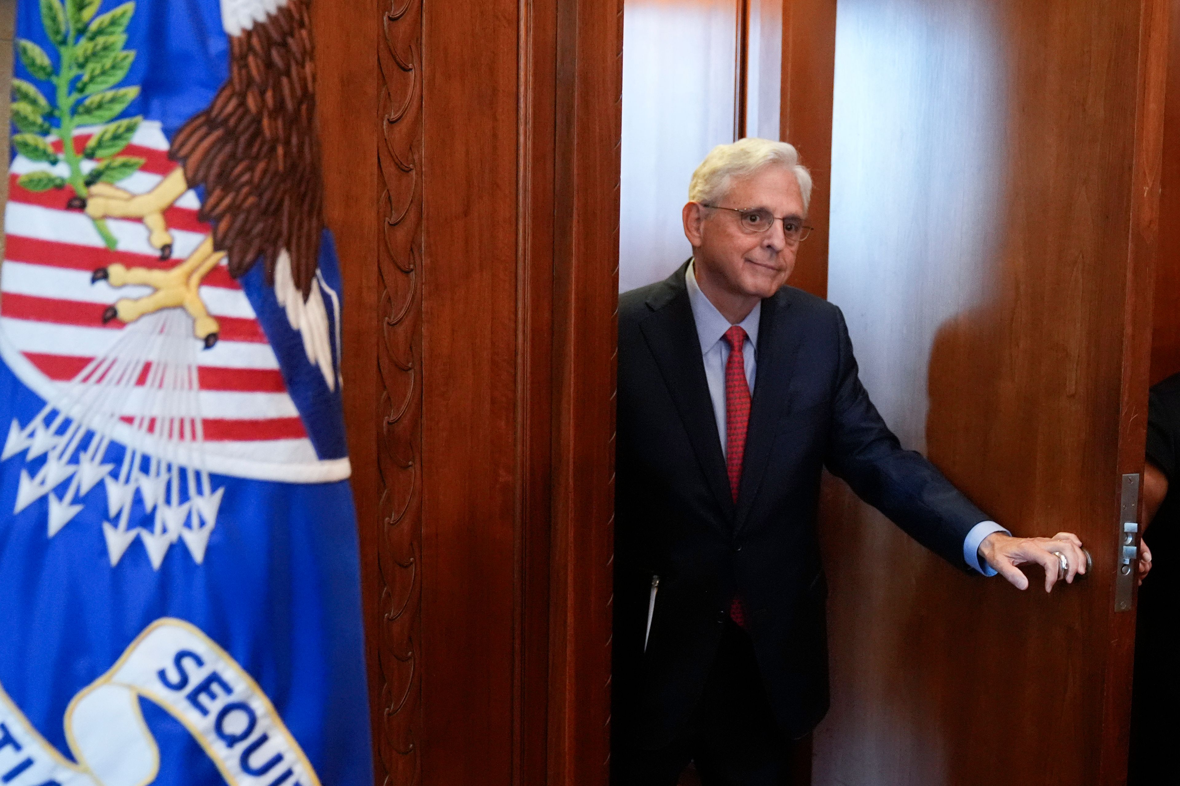 Attorney General Merrick Garland arrives for a meeting of the Justice Department's Election Threats Task Force at the Department of Justice, Wednesday, Sept. 4, 2024, in Washington. (AP Photo/Mark Schiefelbein)