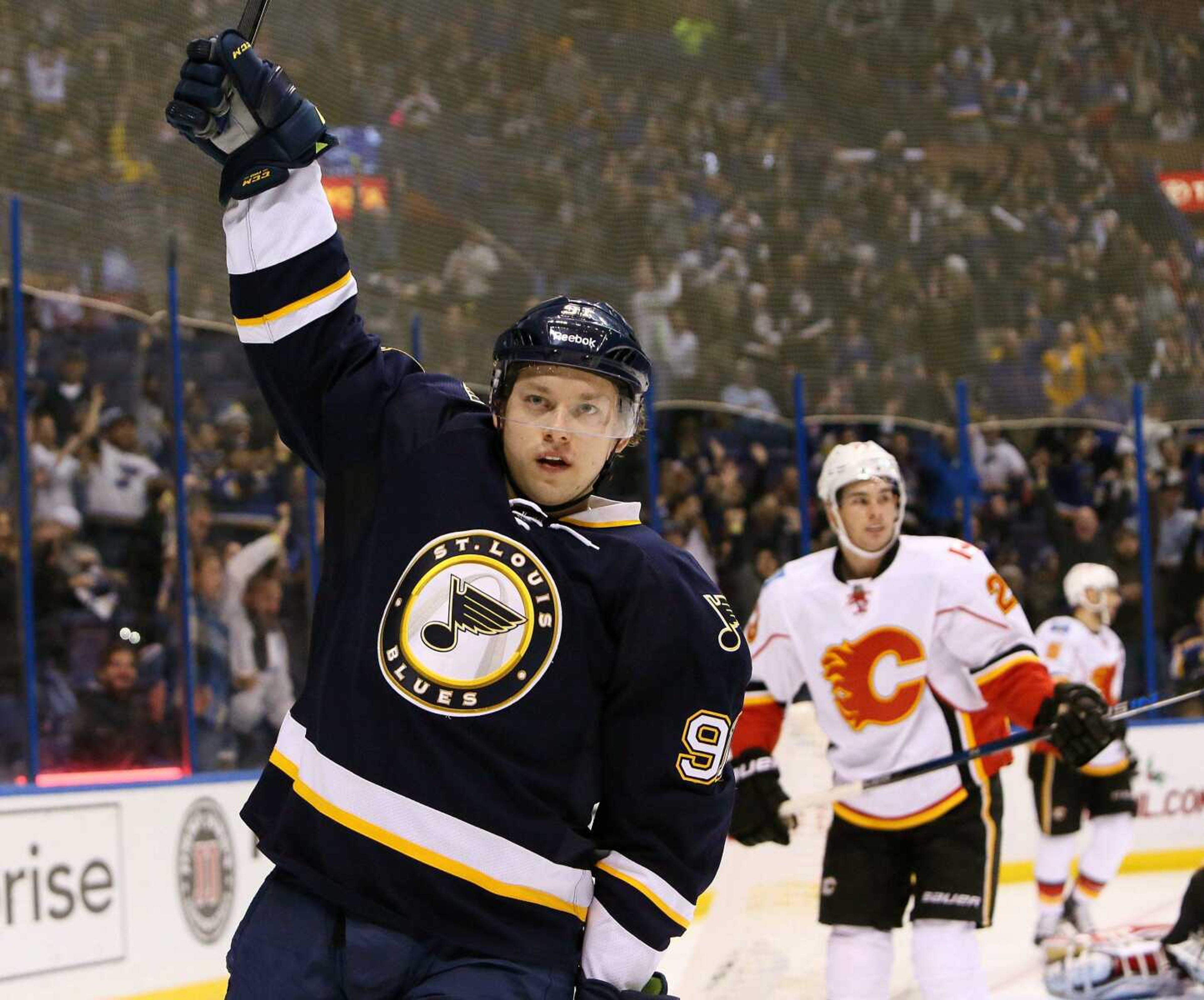 Blues right wing Vladimir Tarasenko celebrates after scoring during the first period of Saturday's game against the Flames in St. Louis. (Chris Lee ~ St. Louis Post-Dispatch)