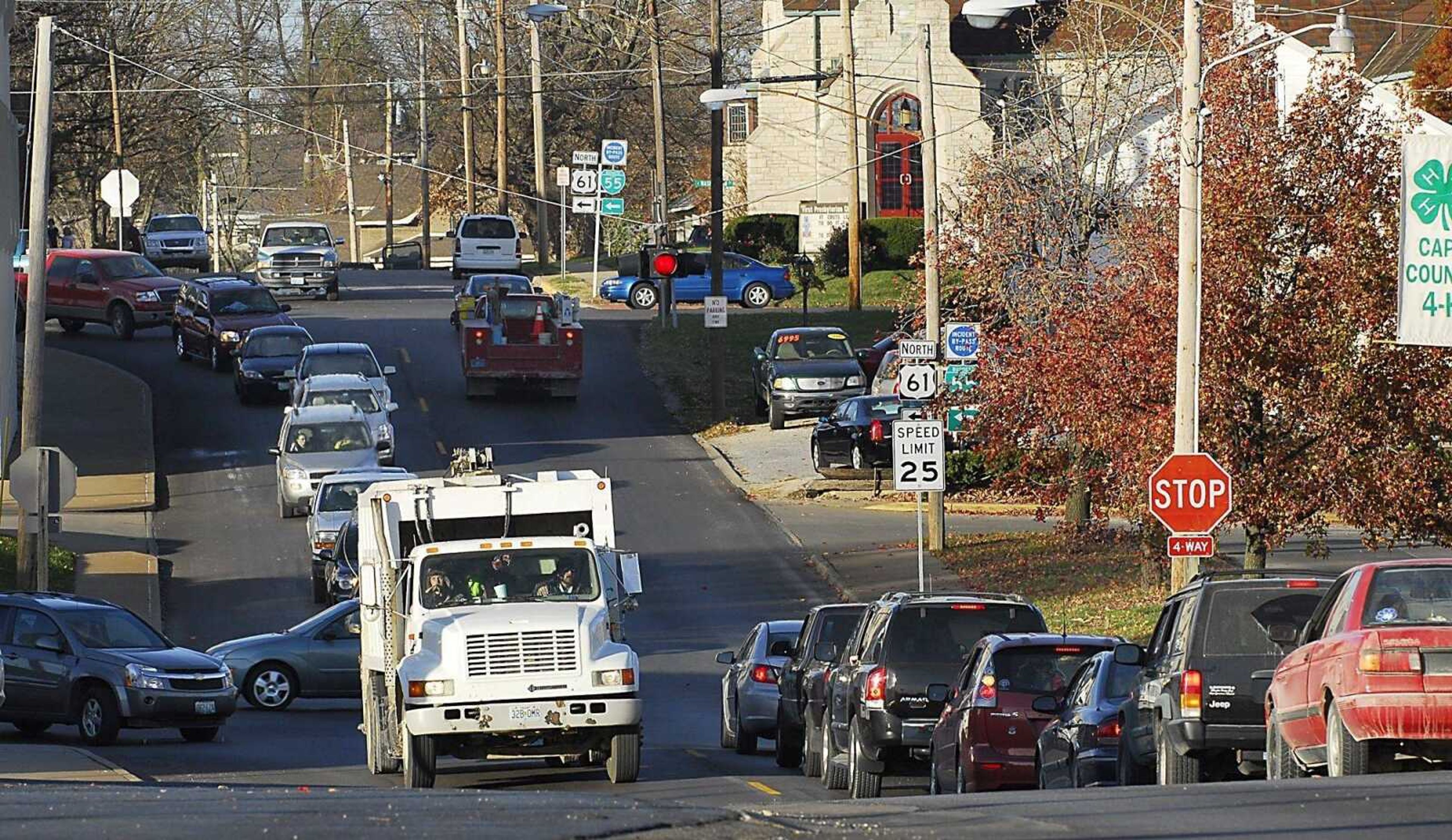 Traffic congestion, such as at the intersection of Hope and Main streets, is a problem many in Jackson agree should be corrected. Thursday a consultant talked to the Cape Girardeau County Commission about a proposal to alleviate the congestion in the city, including the option of a roundabout in front of the courthouse lawn.
(Kit Doyle)