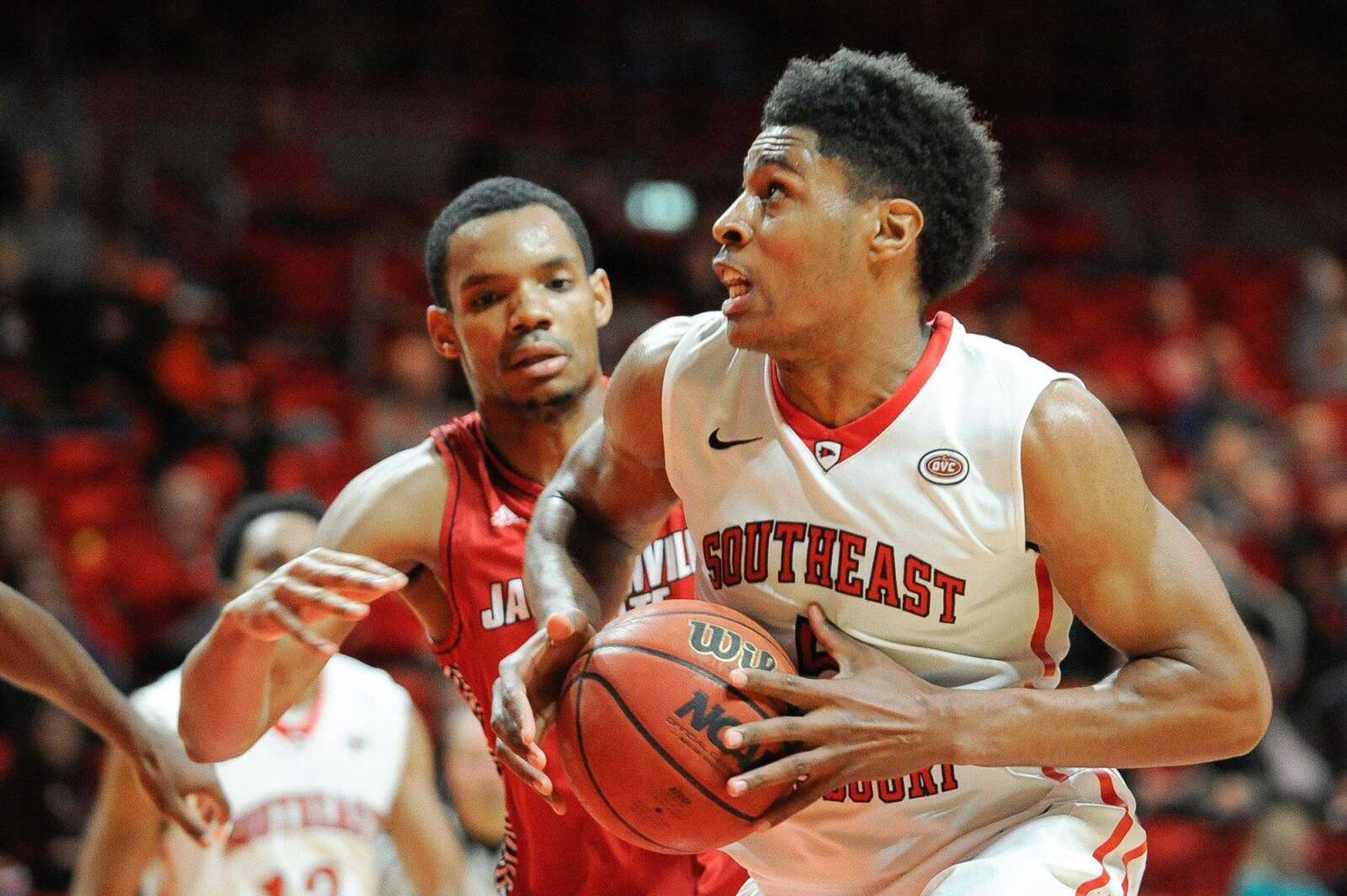 Southeast Missouri State's Joel Angus drives to the basket in the first half against Jacksonville State on Wednesday at the Show Me Center. (Glenn Landberg)