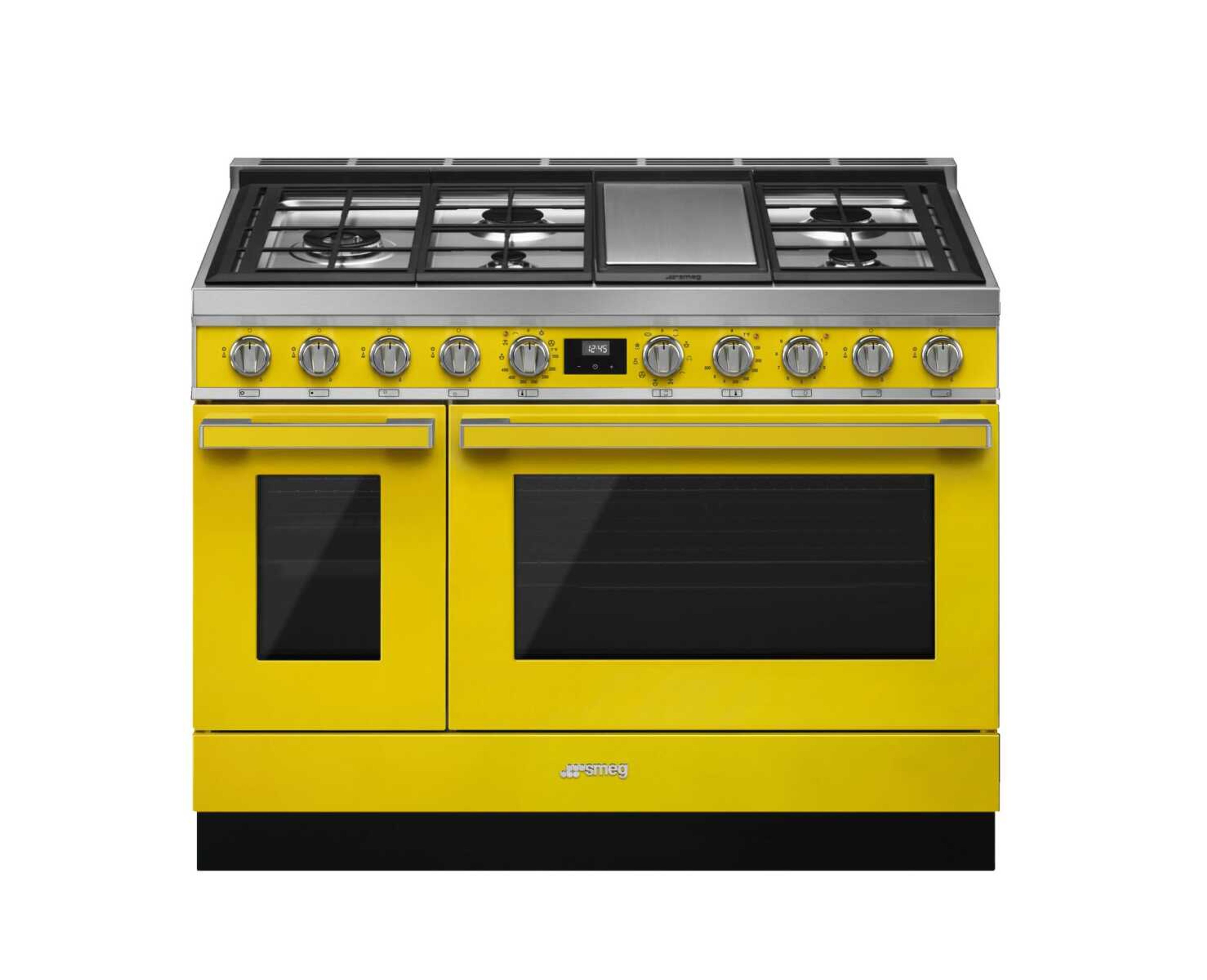 This photo provided by SMEG USA shows one of their yellow ranges.