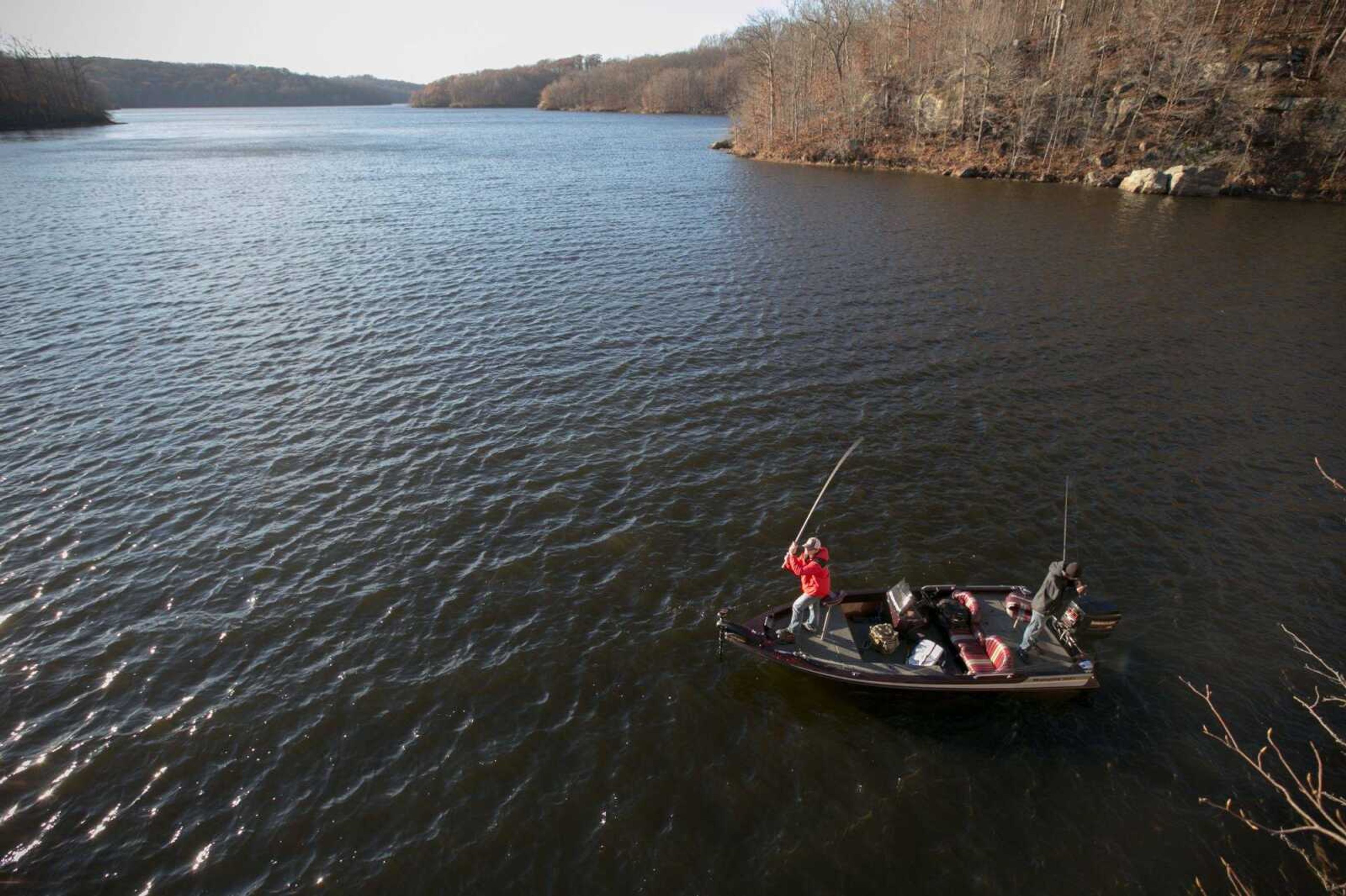 Luke Brozovich and Grant Hindon with the Southeast Missouri State Bass Anglers club spend Wednesday afternoon, Nov. 18, 2015 fishing Kinkaid Lake in Illinois. (Glenn Landberg)