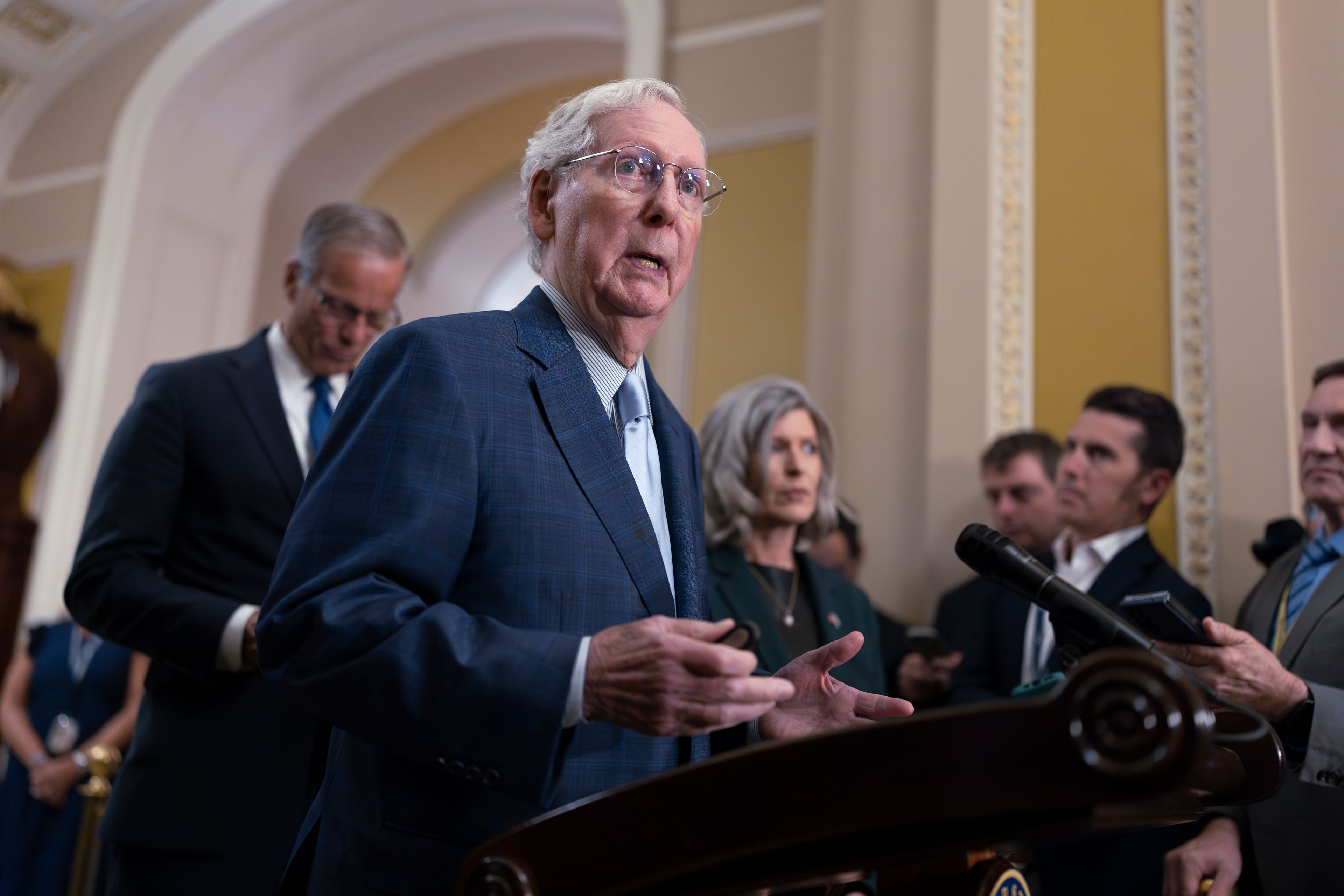 Senate Minority Leader Mitch McConnell, R-Ky., arrives to meet with reporters after a closed-door meeting with fellow Republicans, at the Capitol in Washington, Tuesday, Sept. 24, 2024. (AP Photo/J. Scott Applewhite)