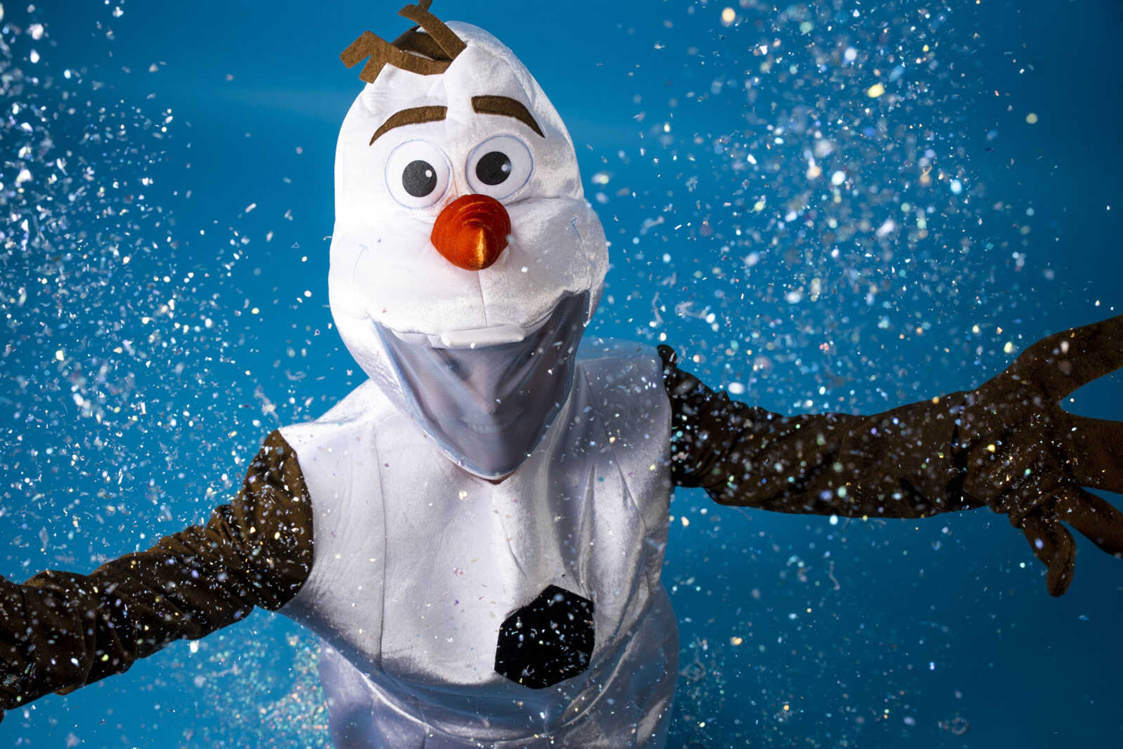 Andrea Gray portrays the role of Olaf from Disney's "Frozen" at the Southeast Missourian studio Monday, April 1, 2019, in Cape Girardeau.