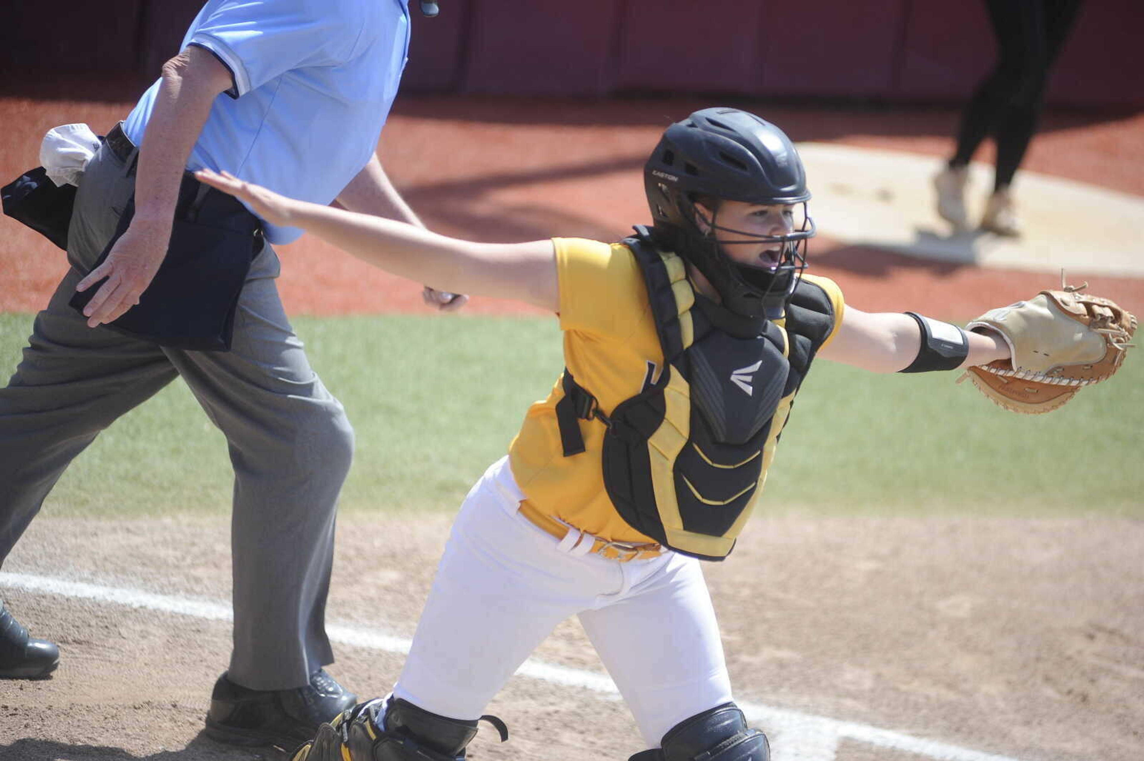 Kennett Lady Indians catcher Emma Tinnin behind the dish at the MSHSAA C2 Final game at Springfield.