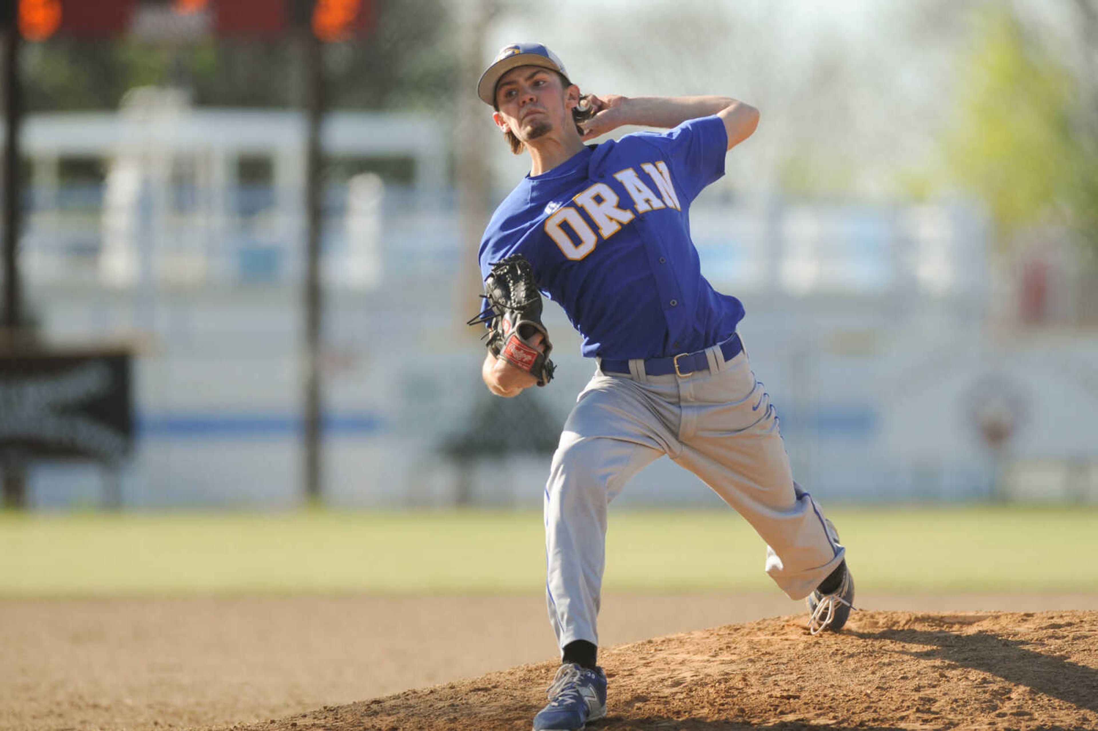 Oran's Layne Johnson pitches to a Chaffee batter during the third inning Friday, April 15, 2016 in Chaffee Missouri.