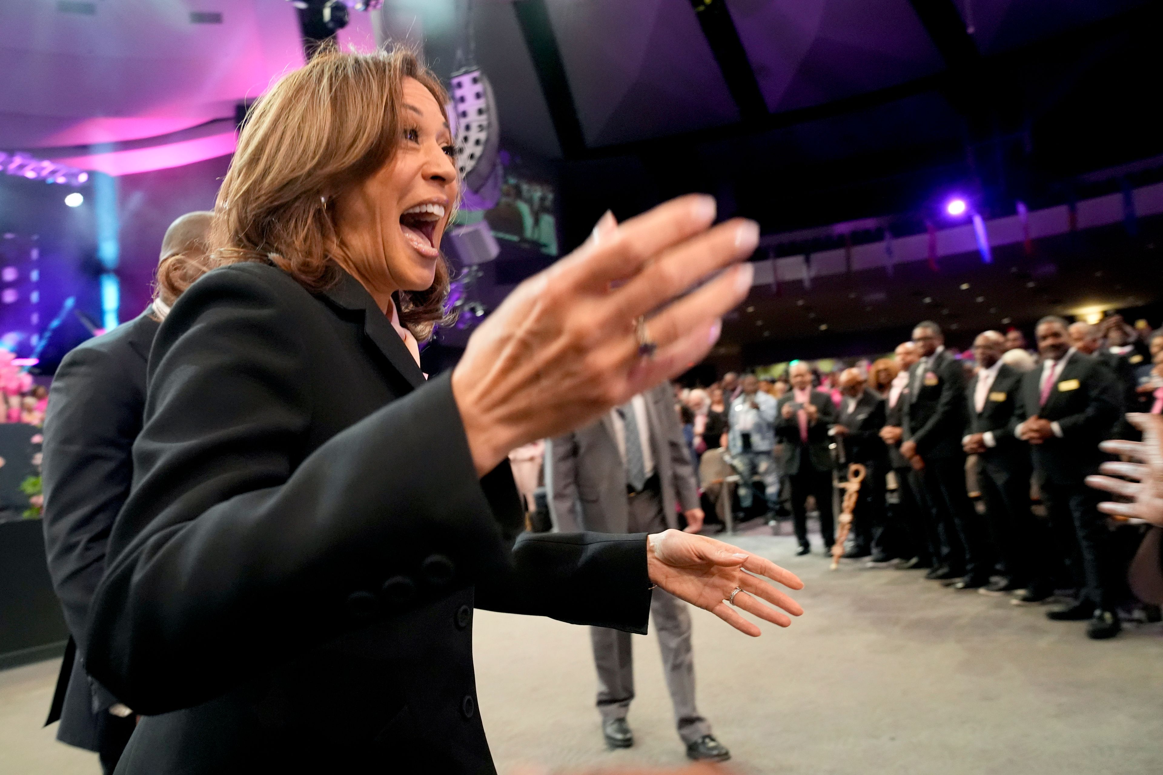 Democratic presidential nominee Vice President Kamala Harris arrives to speak at a church service at New Birth Baptist Church in Stonecrest, Ga., Sunday, Oct. 20, 2024. (AP Photo/Jacquelyn Martin)