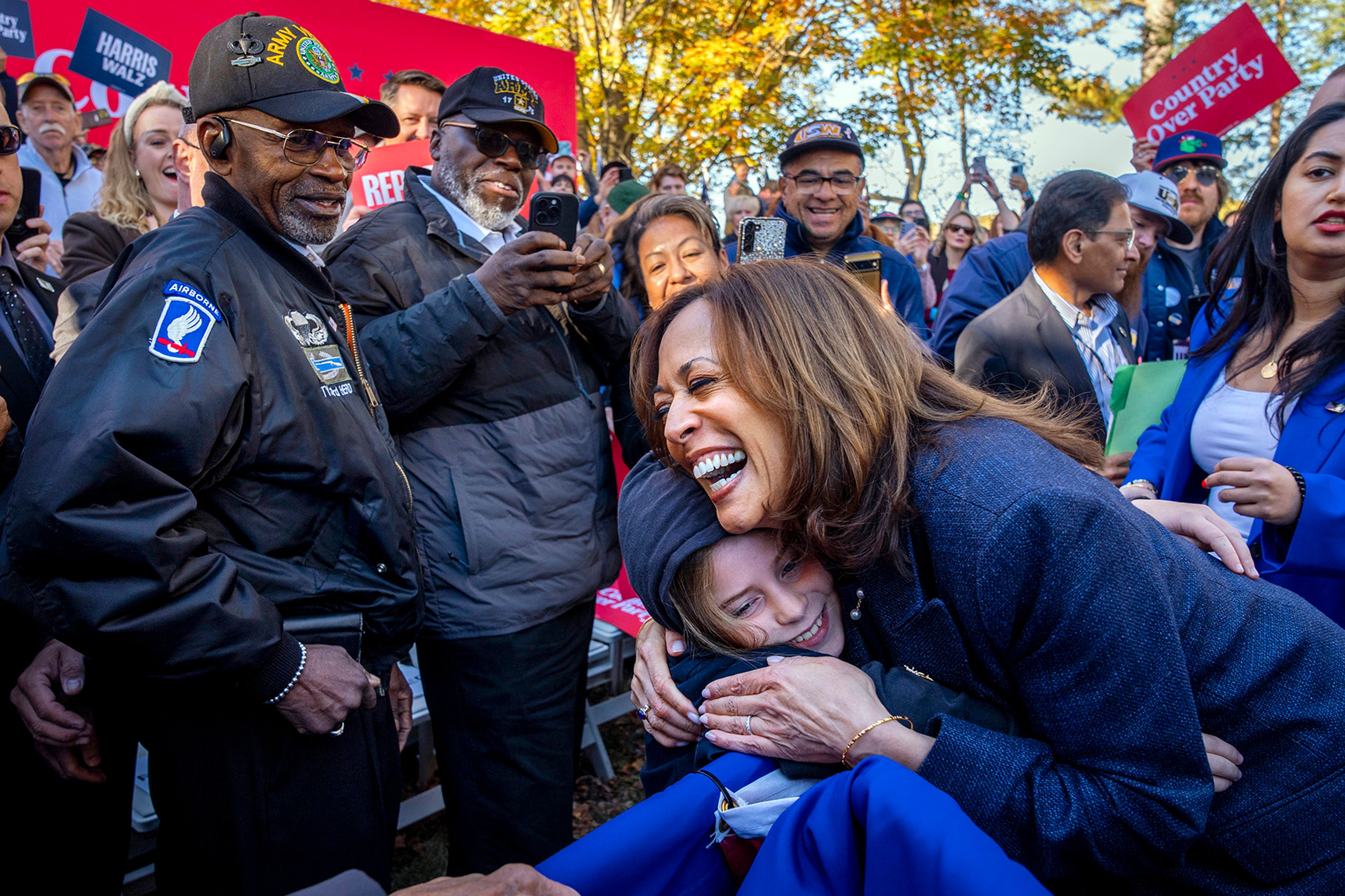 Democratic presidential nominee Vice President Kamala Harris hugs a child after speaking during a campaign event at Washington Crossing Historic Park, in Washington Crossing, Pa., Wednesday, Oct. 16, 2024. 