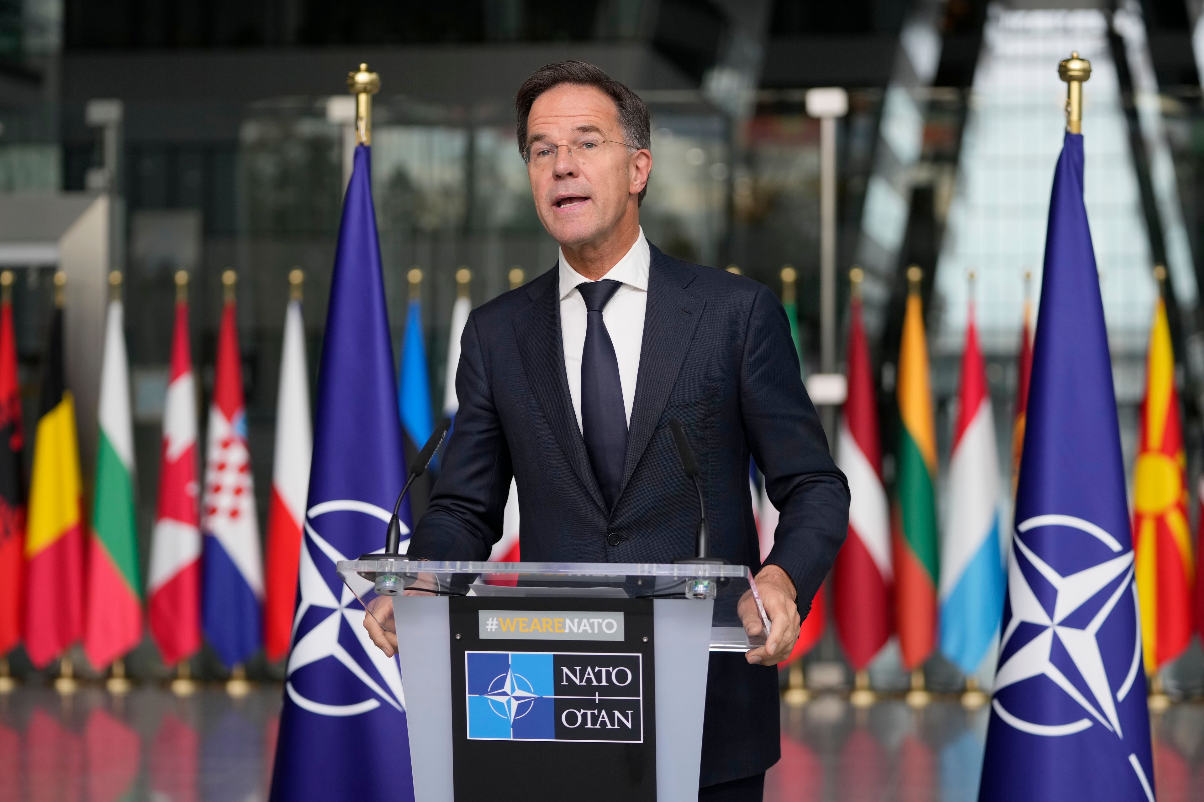 NATO Secretary General Mark Rutte delivers a statement, after a meeting with a high level South Korean delegation including top intelligence and military officials as well as senior diplomats briefed NATO diplomats, at NATO headquarters in Brussels on Monday, Oct. 28, 2024. (AP Photo/Virginia Mayo)