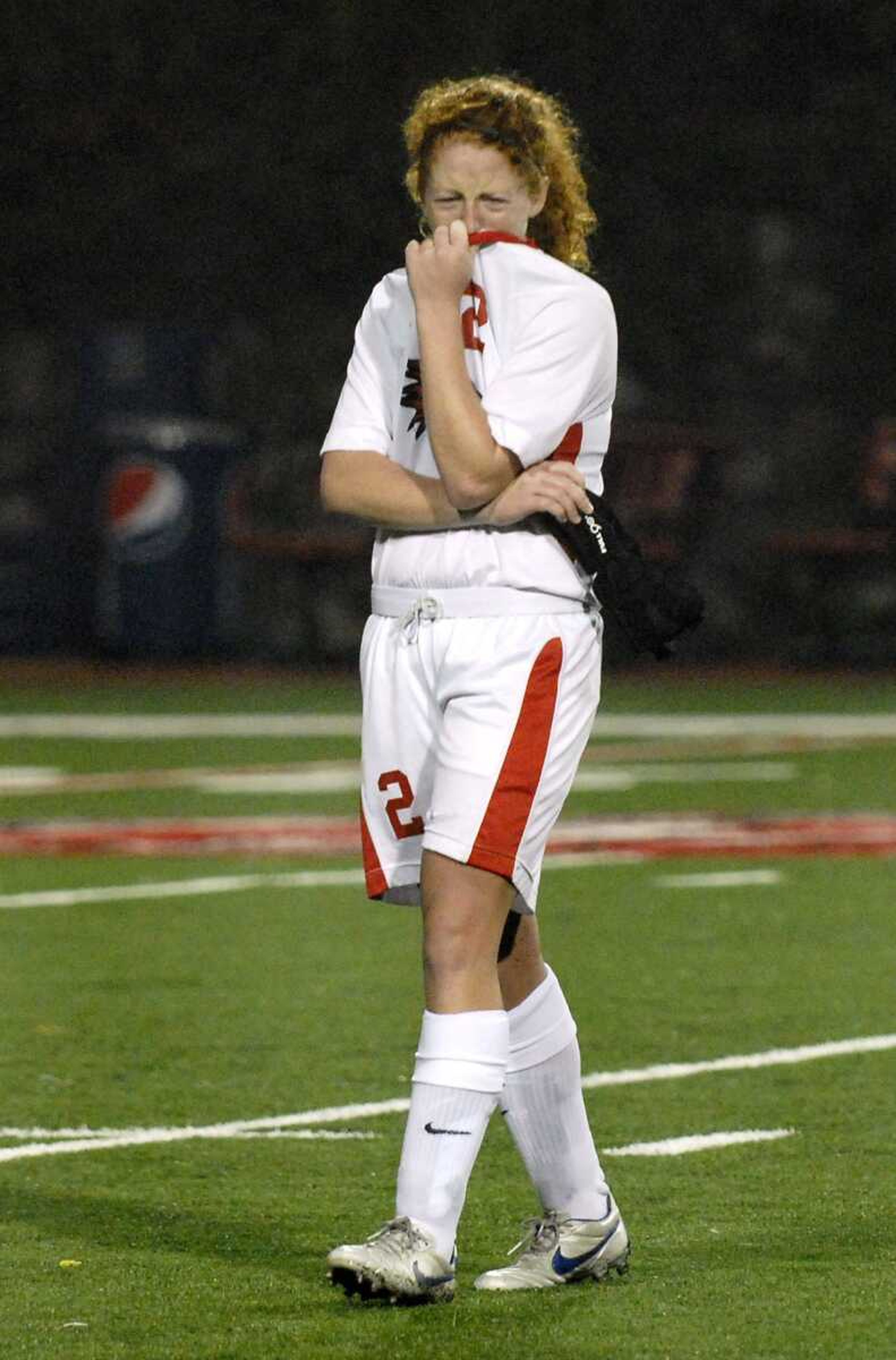 Southeast Missouri State's Meg Herndon reacts to the team's 2-1 loss to Morehead State during an OVC tournament semifinal Friday at Houck Stadium. (Kristin Eberts)