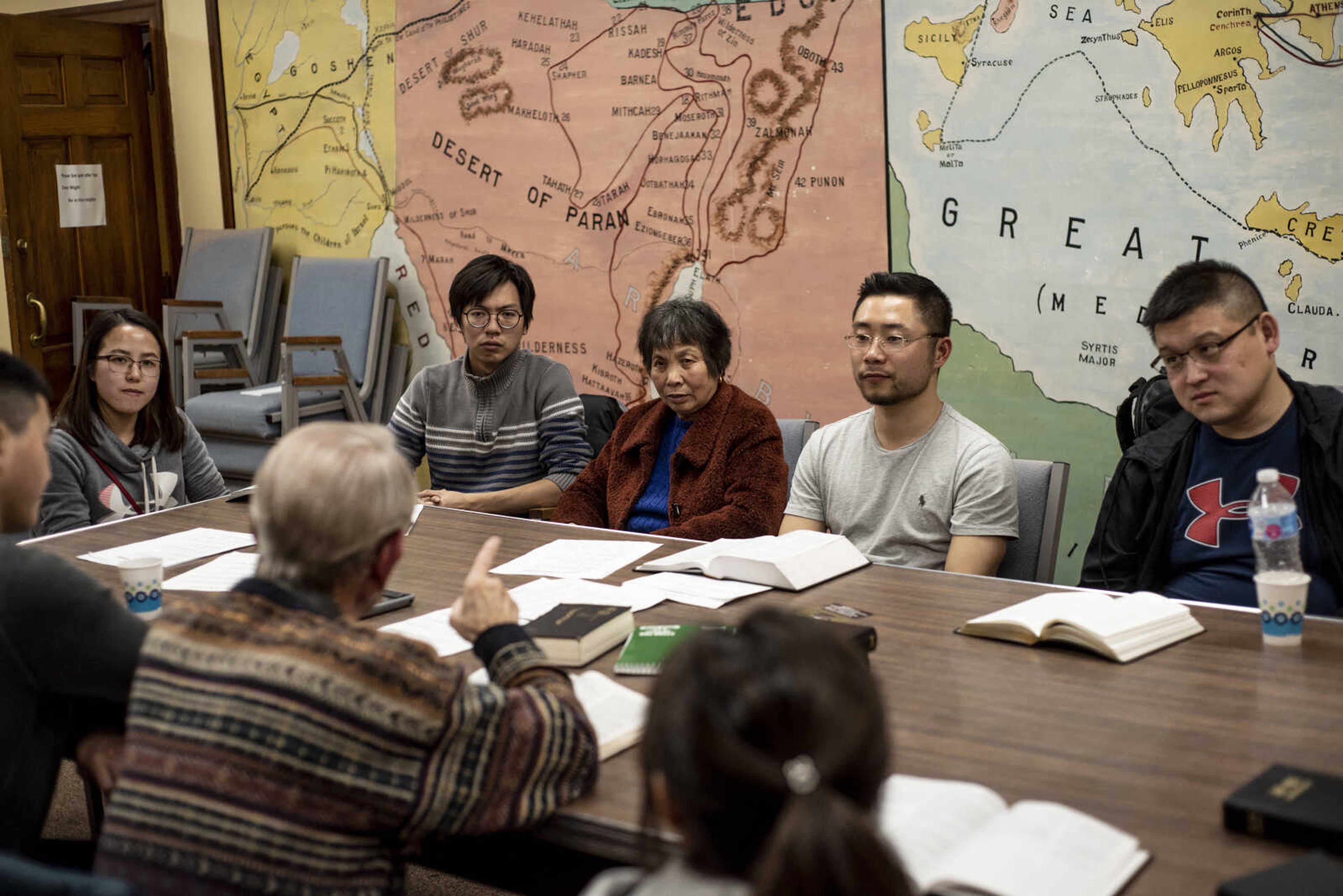 Bible study participants listen as Dr. Ron Winstead gives a lesson at the weekly Bible study Friday, March 8, 2019, at the Southeast Missouri State University Baptist Student Center in Cape Girardeau.