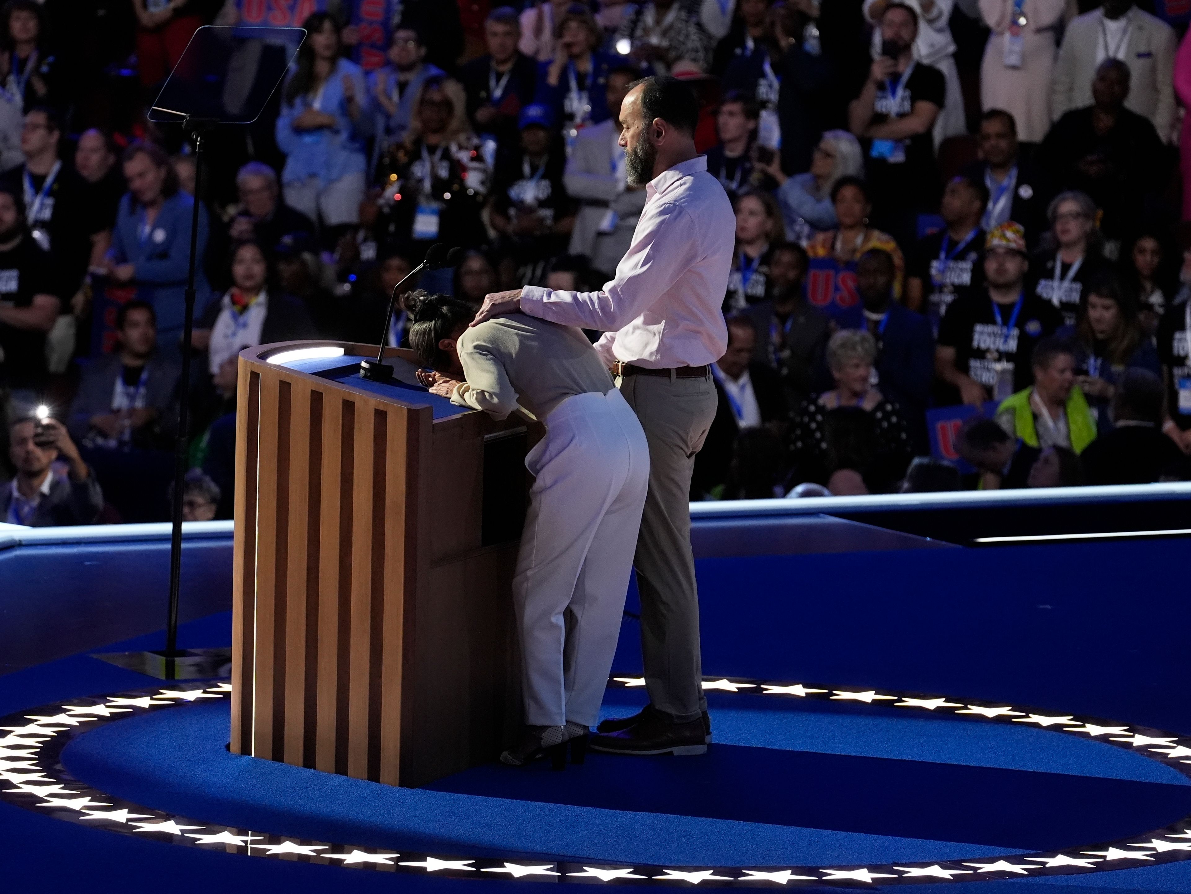 Jon Polin and Rachel Goldberg, parents of hostage Hersh Goldberg-Polin speaks during the Democratic National Convention Wednesday, Aug. 21, 2024, in Chicago. (AP Photo/Charles Rex Arbogast)