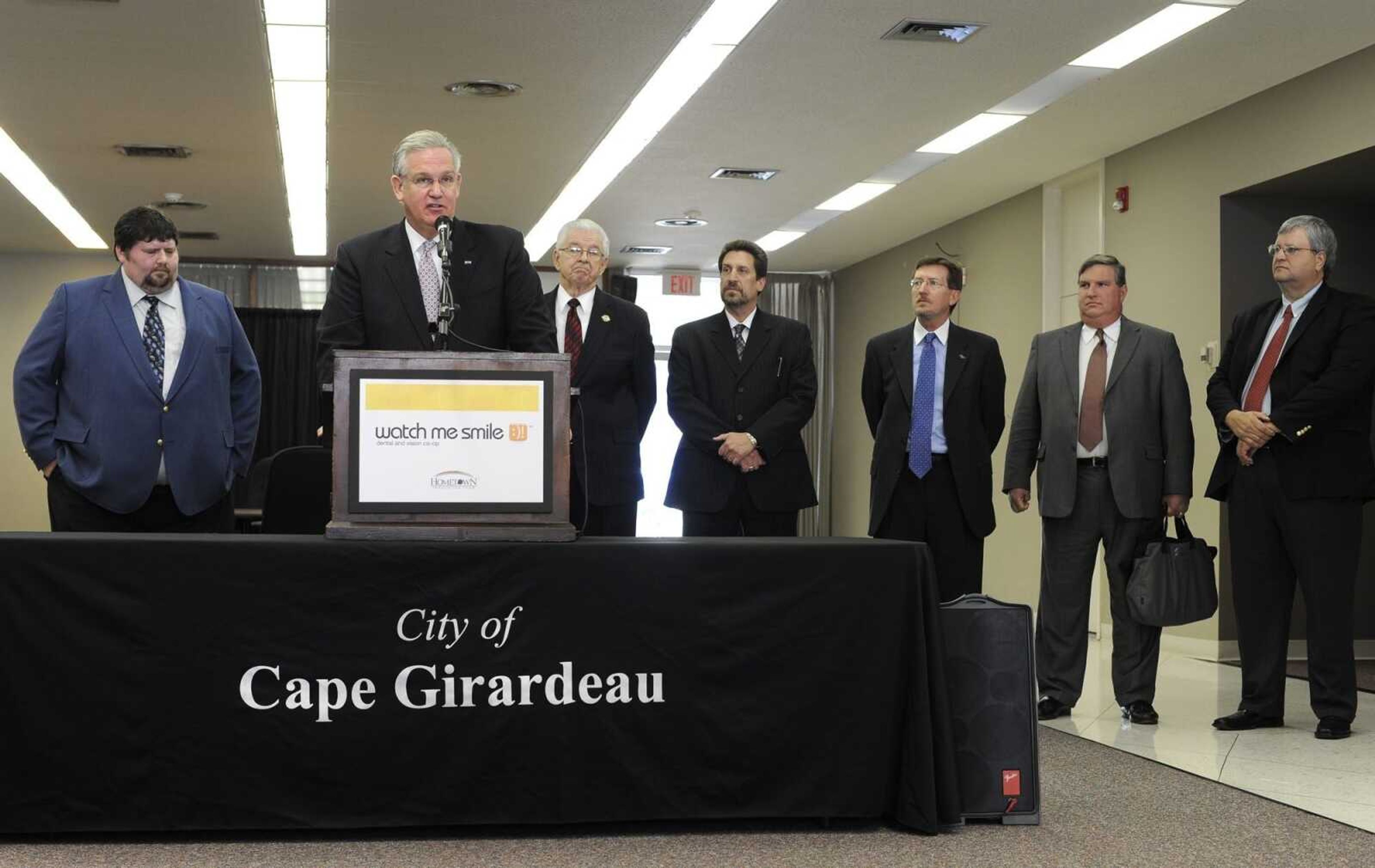 Gov. Jay Nixon announced over $2 million in state economic development incentives at a Dec. 8 morning news conference to assist the creation of a vision and dental care cooperative in downtown Cape Girardeau. (Fred Lynch)