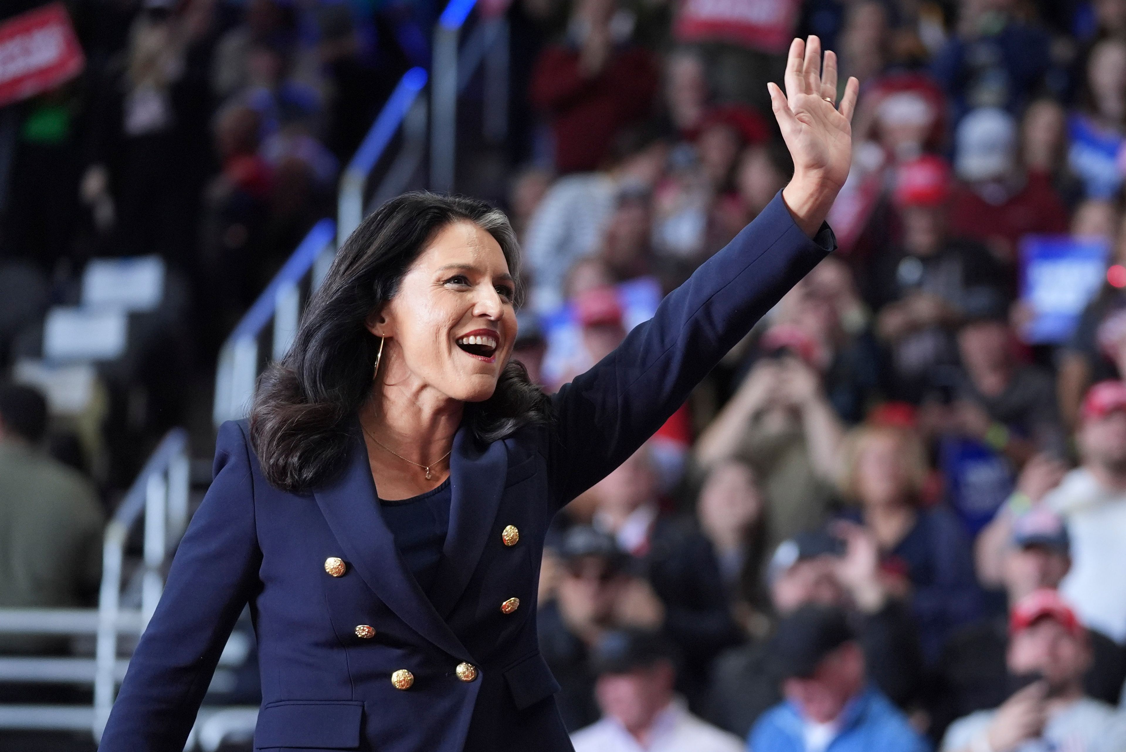 Tulsi Gabbard arrives before Republican presidential nominee former President Donald Trump speaks at a campaign rally at PPG Paints Arena, Monday, Nov. 4, 2024, in Pittsburgh, Pa. (AP Photo/Evan Vucci)