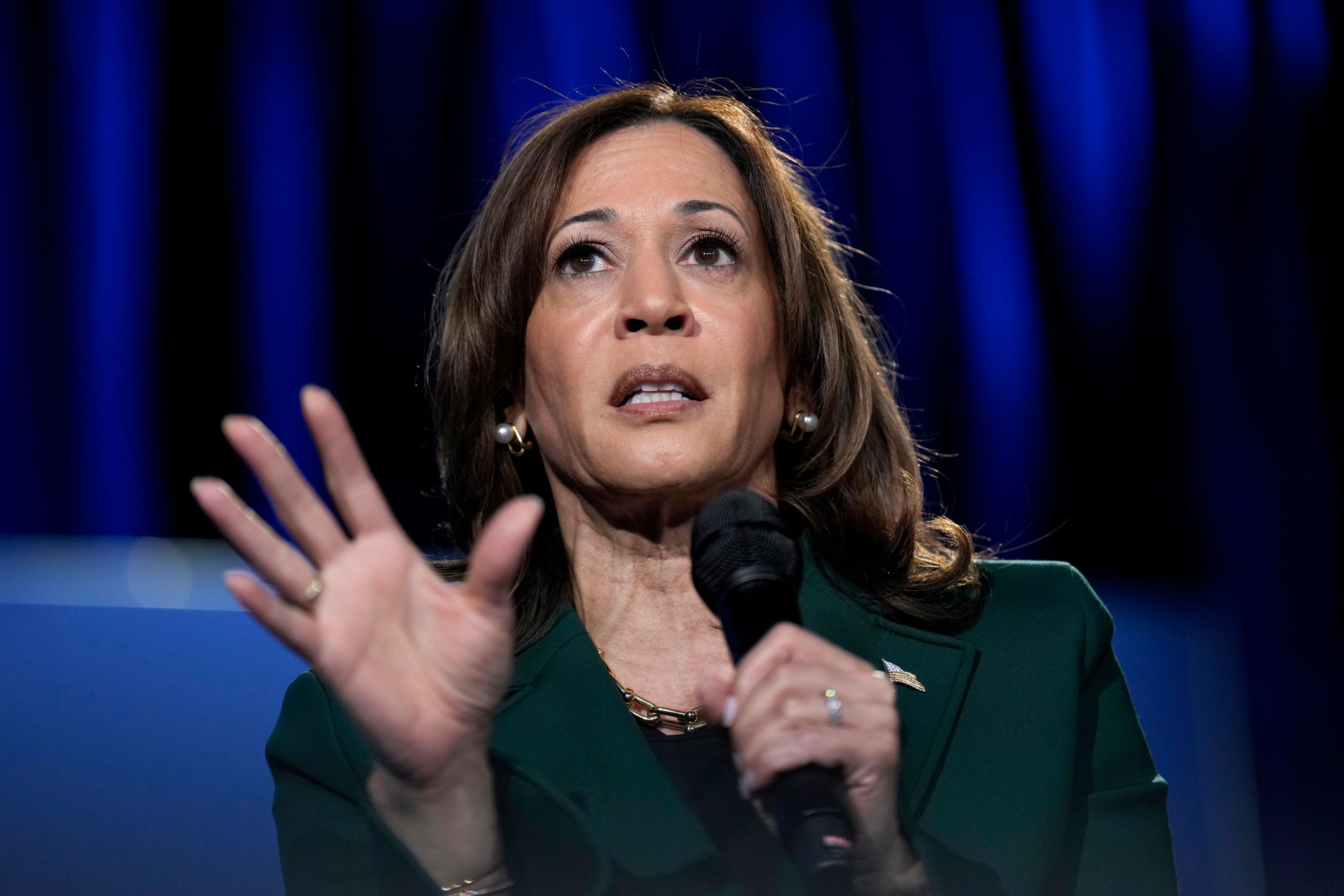 Democratic presidential nominee Vice President Kamala Harris speaks during a town hall at the Royal Oak Theatre in Royal Oak, Mich., Monday, Oct. 21, 2024. (AP Photo/Jacquelyn Martin)