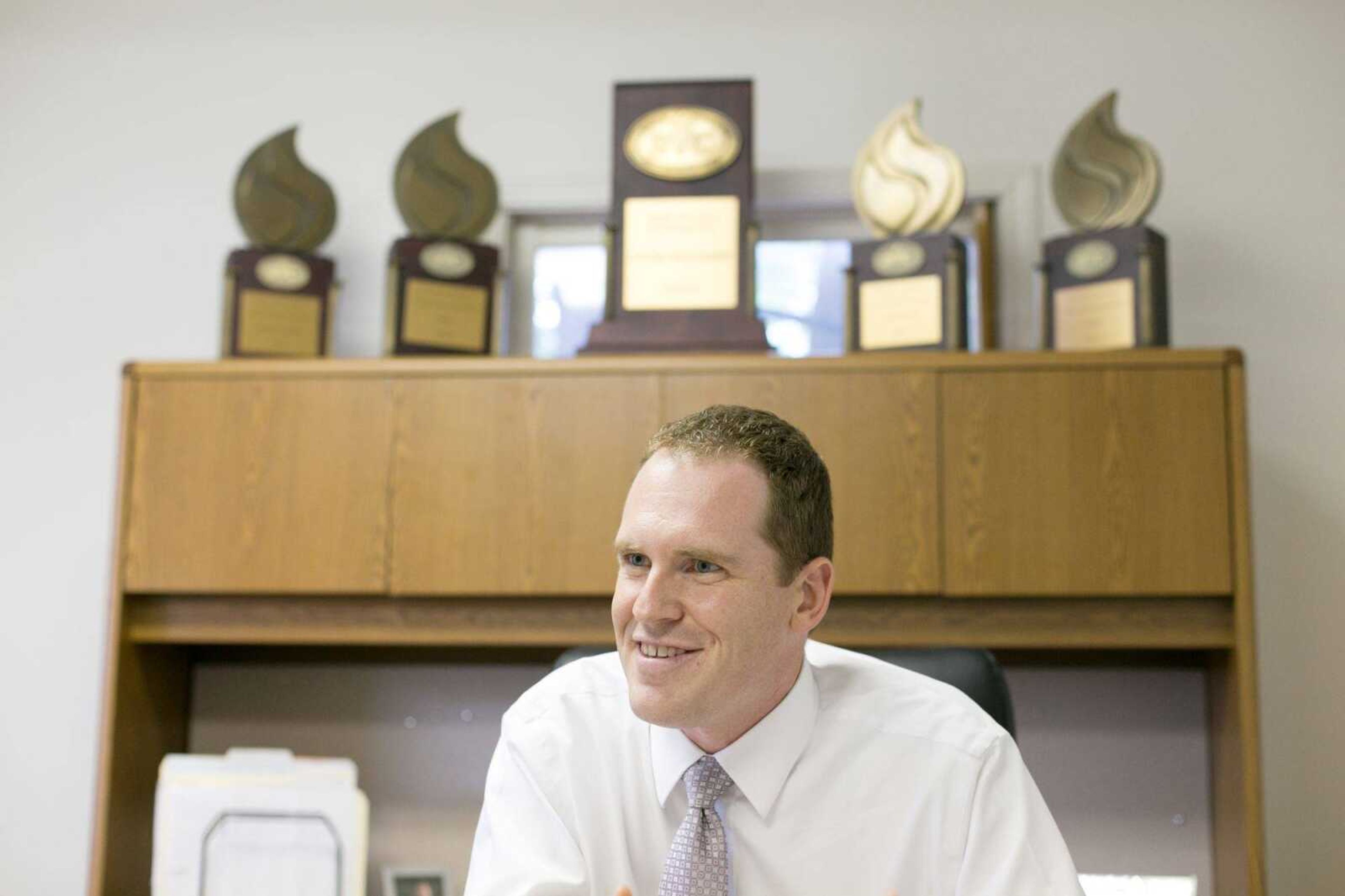 Southeast Missouri State interim athletic director Brady Barke talks about his new roll Wednesday, July 29, 2015 in his office at the athletic administration building. (Glenn Landberg)