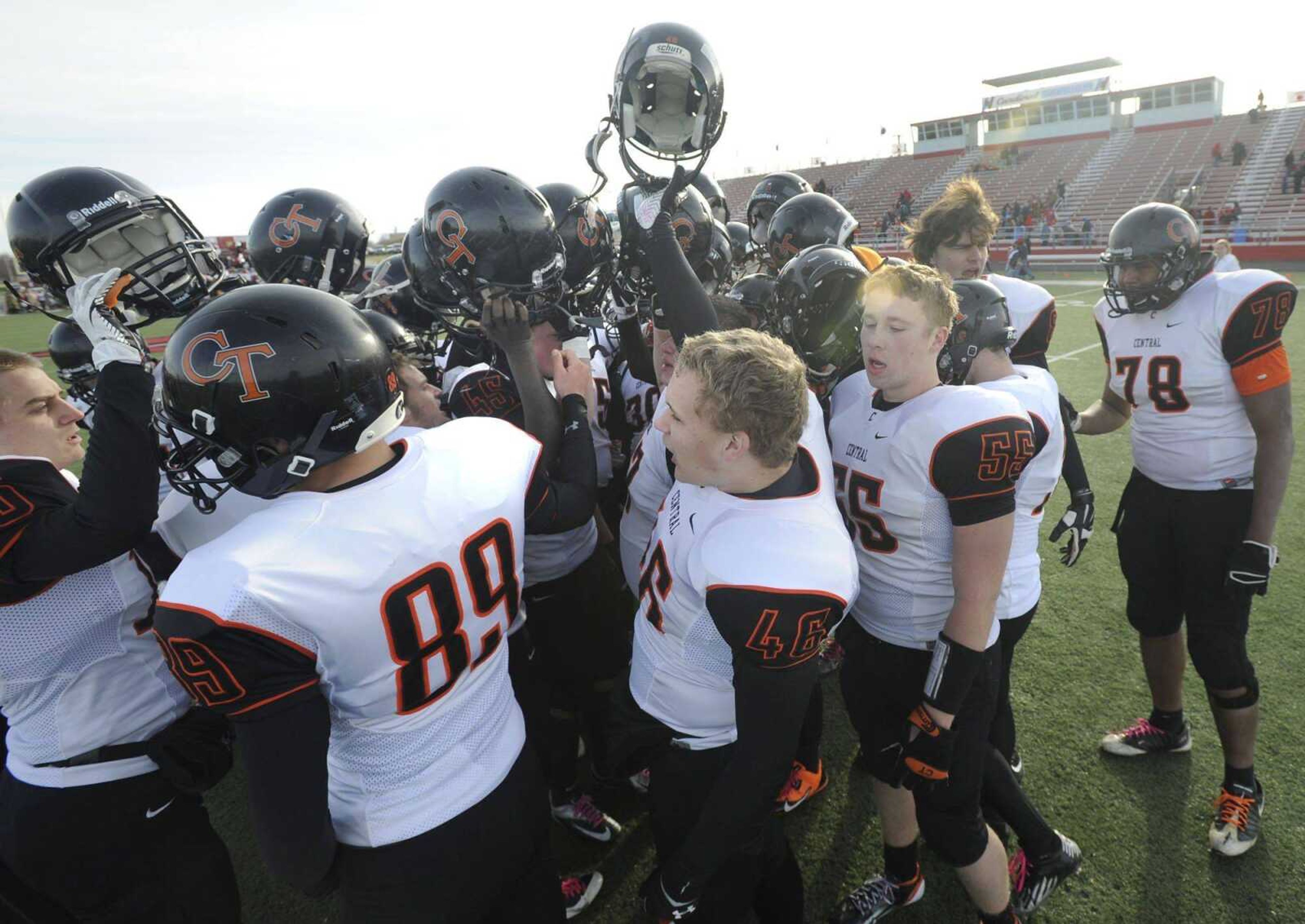 Central teammates gather after their 46-0 loss to Webb City in a Class 4 semifinal Saturday in Webb City, Mo. (Fred Lynch)