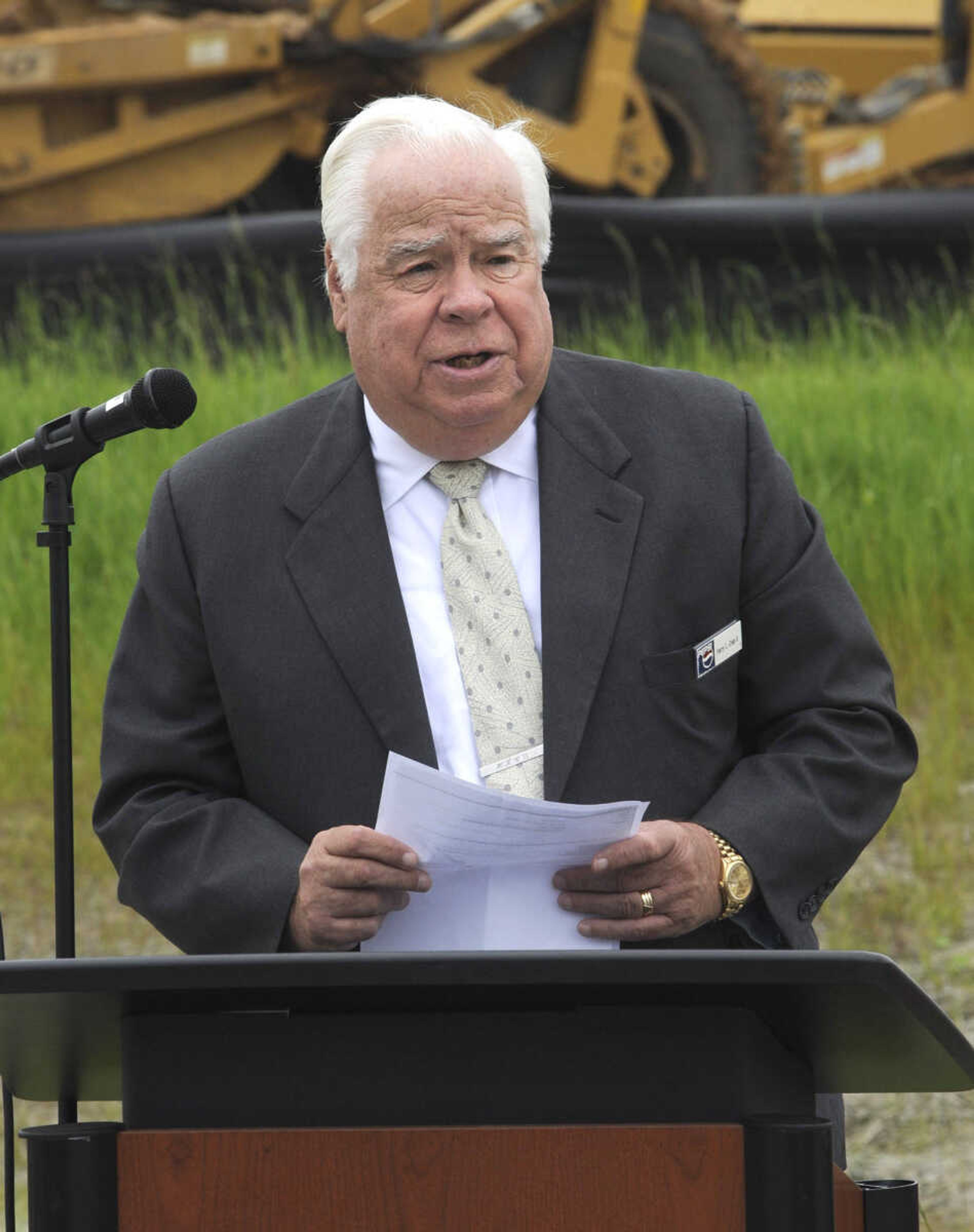 Harry L. Crisp II, chief executive officer of Pepsi MidAmerica, speaks at a groundbreaking ceremony Wednesday, June 3, 2015 for the company's new Cape Girardeau facility, Pepsi Depot, at the Greater Cape Girardeau Business Park.