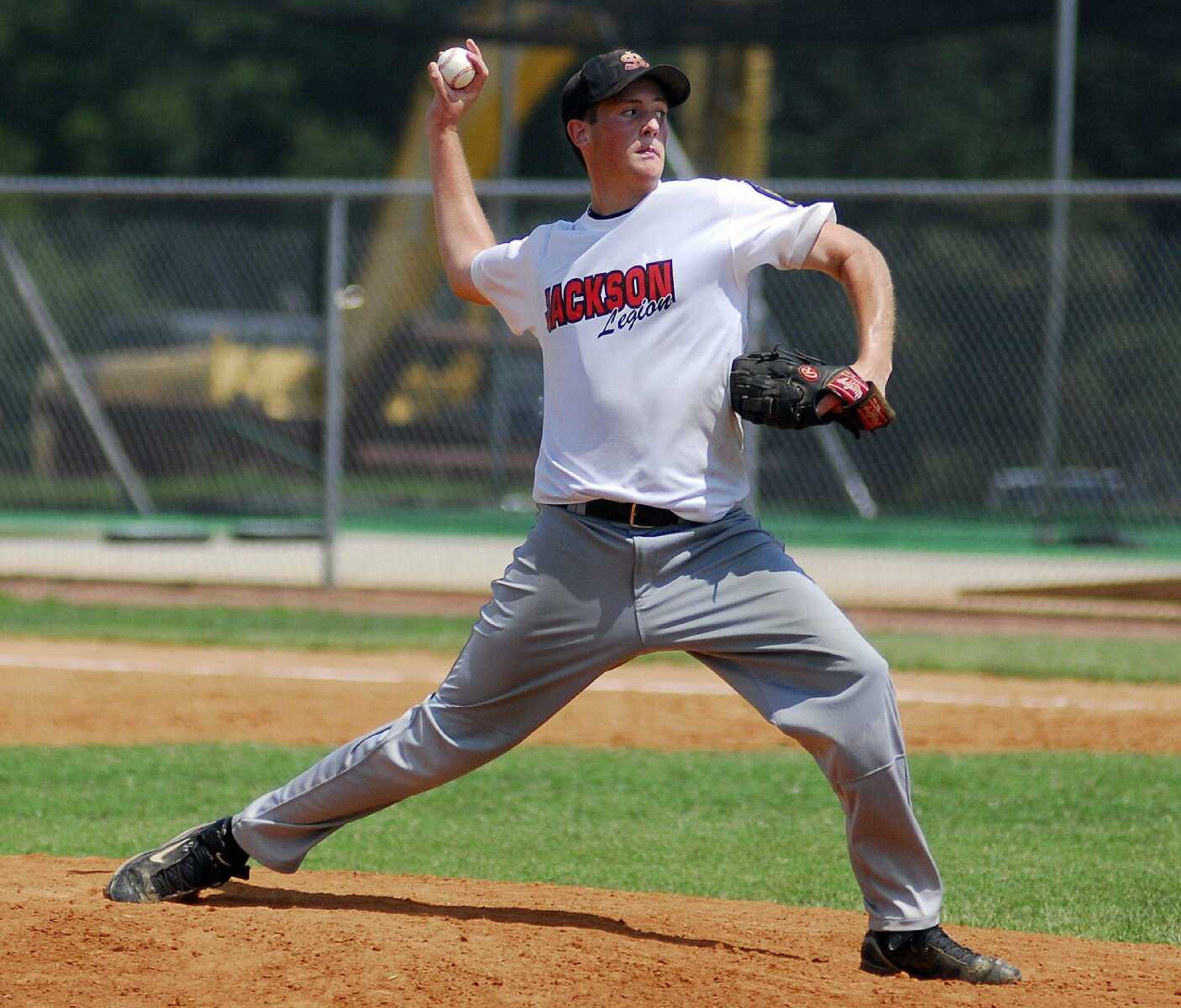 Jackson's pitcher Mason Sander winds up Saturday, July 17, 2010 during Post 158's game against Poplar Bluff at Notre Dame Regional High School. (Laura Simon)