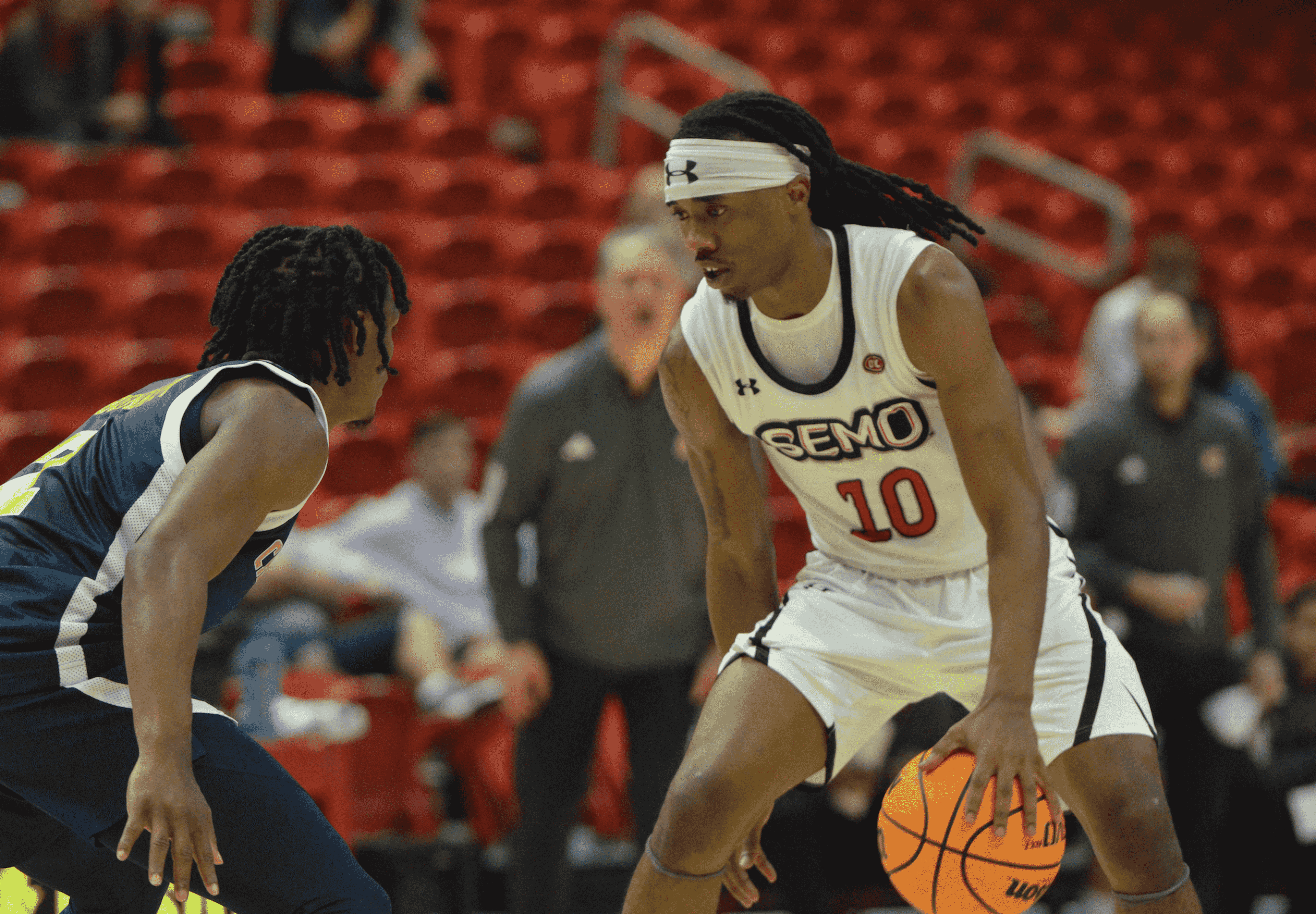 SEMO's Teddy Washington Jr. dribbles the ball in front of a Chattanooga defender on Sunday, Nov. 17.