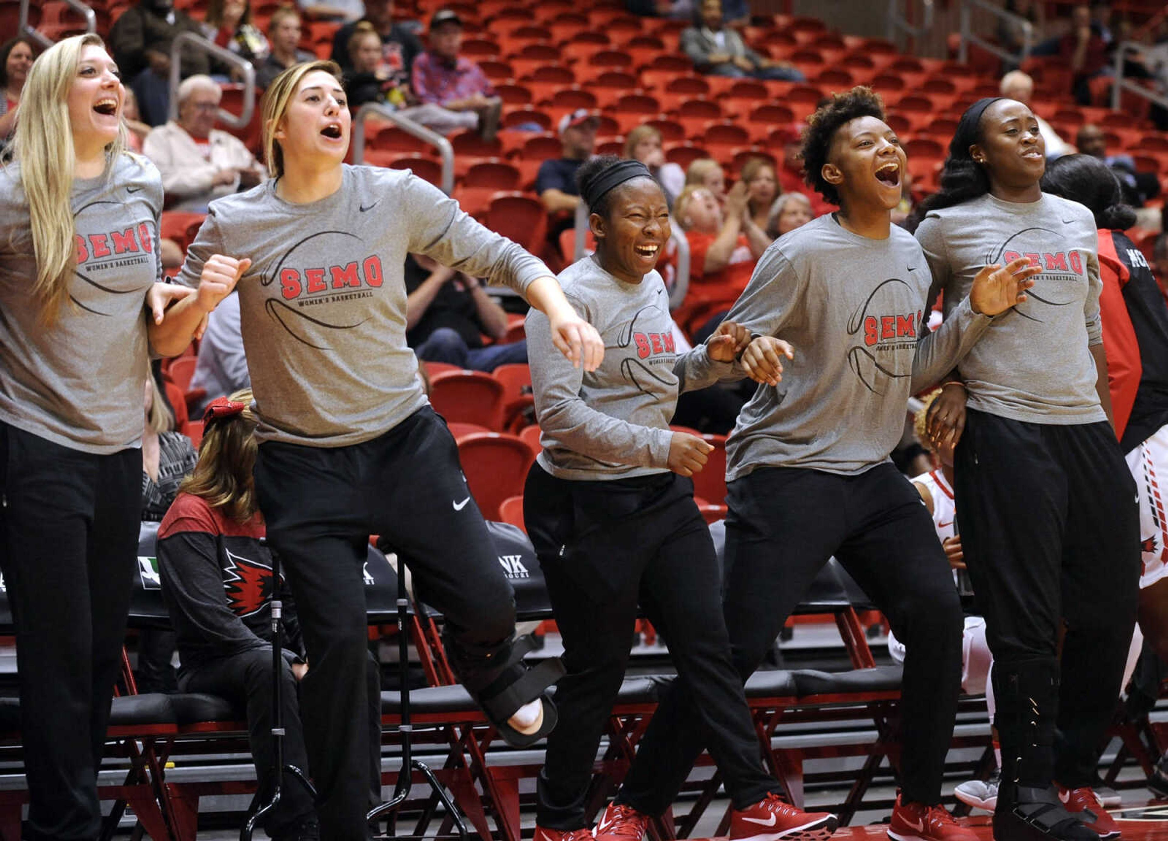 FRED LYNCH ~ flynch@semissourian.com
Southeast Missouri State players on the bench get fired up during the third quarter of the Culver-Stockton game Tuesday, Nov. 8, 2016 at the Show Me Center.