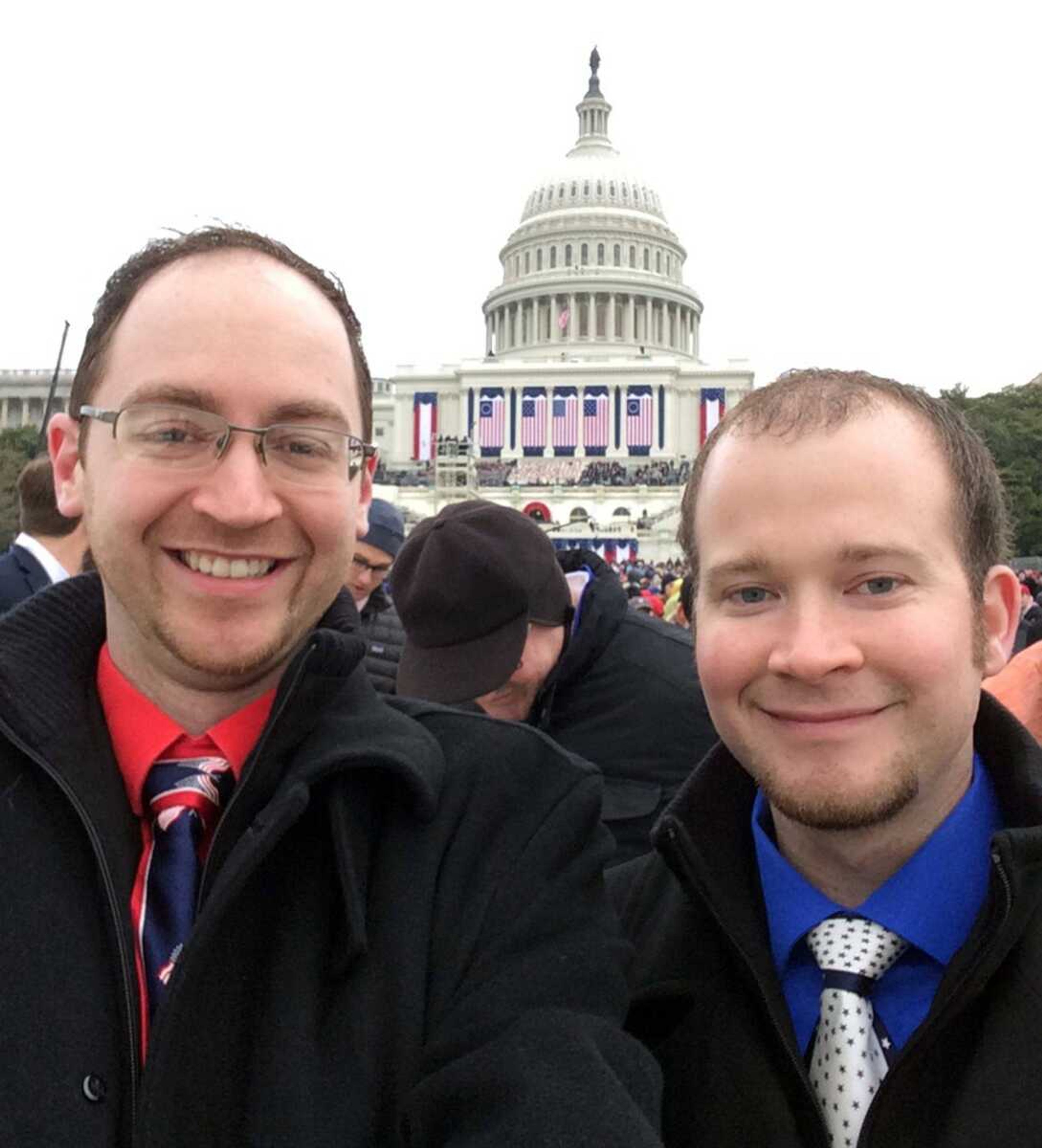 Scott Clark, left, of Jackson and Shane Galeski of Perryville, Missouri, attend Friday's presidential inauguration of Donald Trump in Washington.