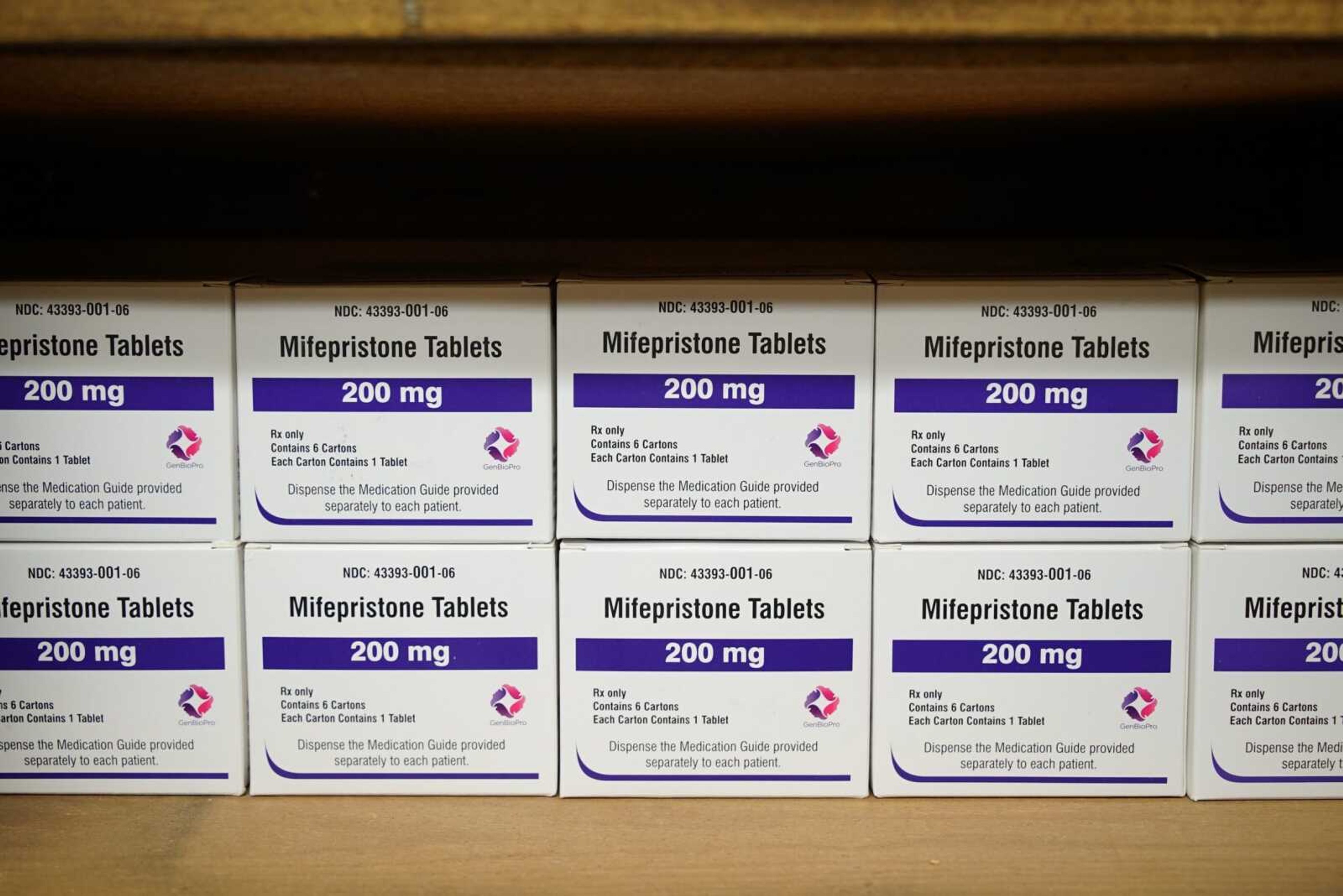 Boxes of the drug mifepristone line a shelf March 16 at the West Alabama Women's Center in Tuscaloosa, Alabama. The drug is one of two used together in "medication abortions." According to Planned Parenthood, mifepristone blocks progesterone, stopping a pregnancy from progressing.