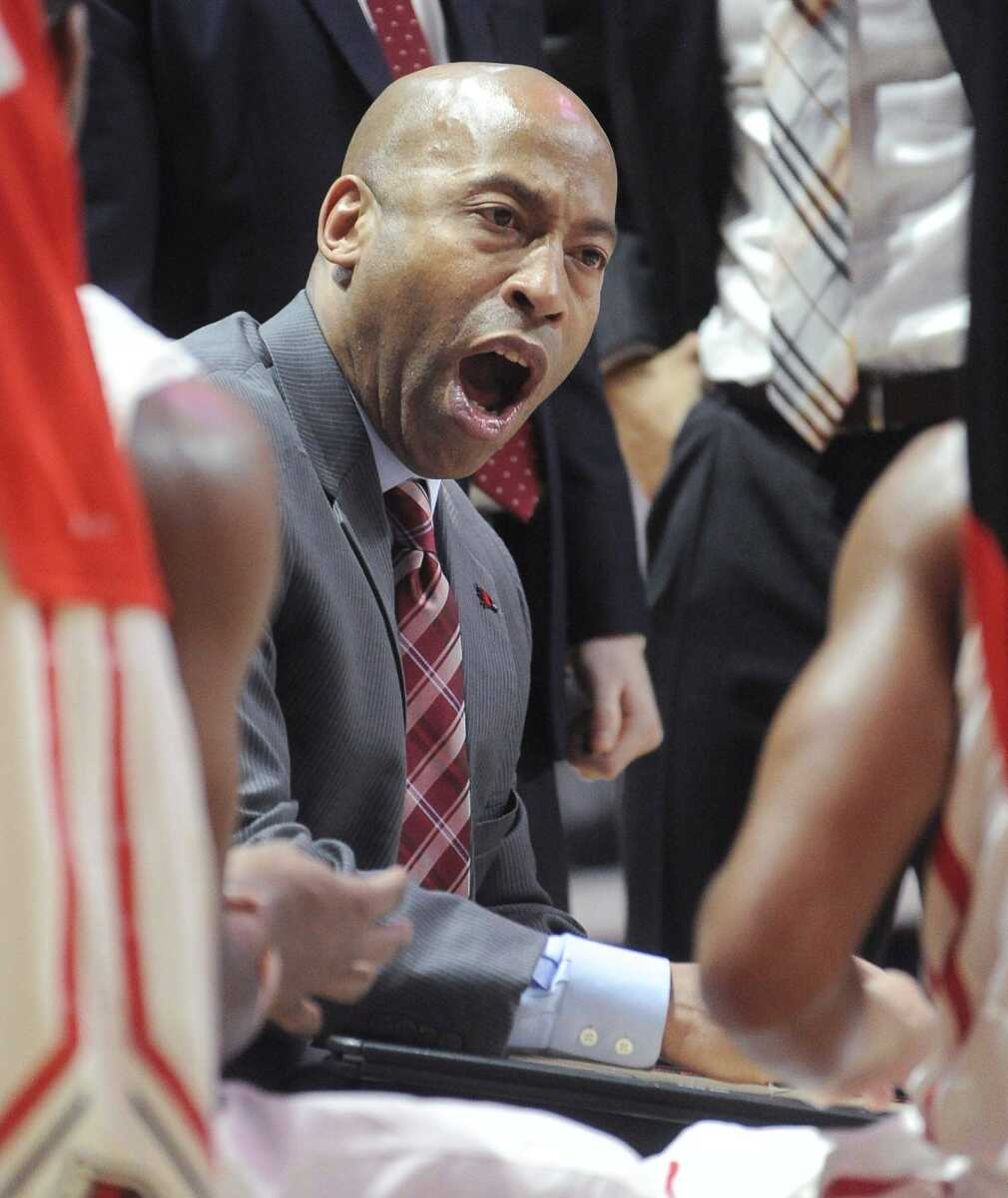 Southeast Missouri State coach Rick talks to his players during a timeout against Loyola Marymount in the second half Saturday, Nov. 28, 2015 at the Show Me Center. (Fred Lynch)