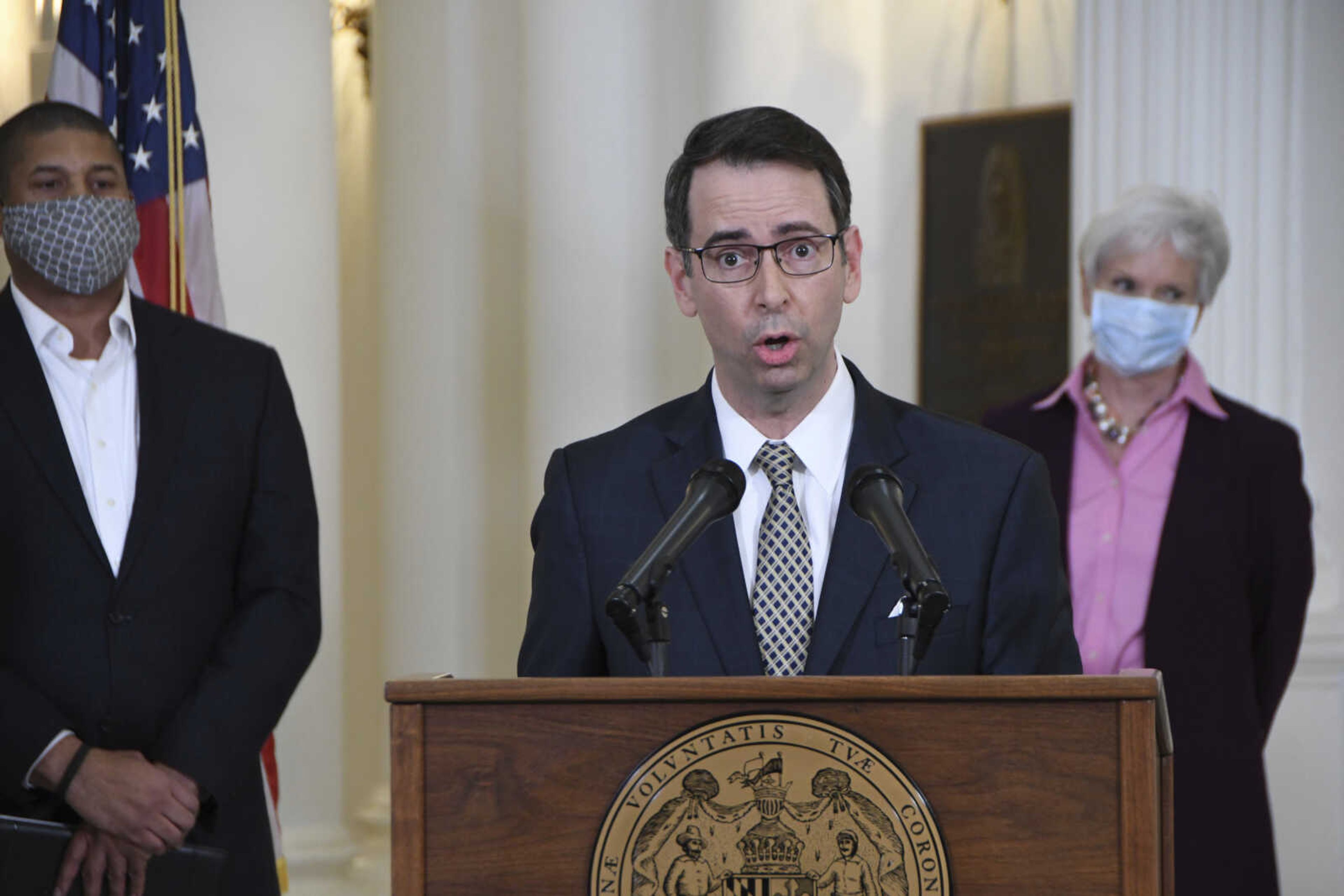 Roy McGrath, chief executive officer of the Maryland Environmental Service, speaks during a news conference April 15, 2020, at the Statehouse in Annapolis, Maryland.