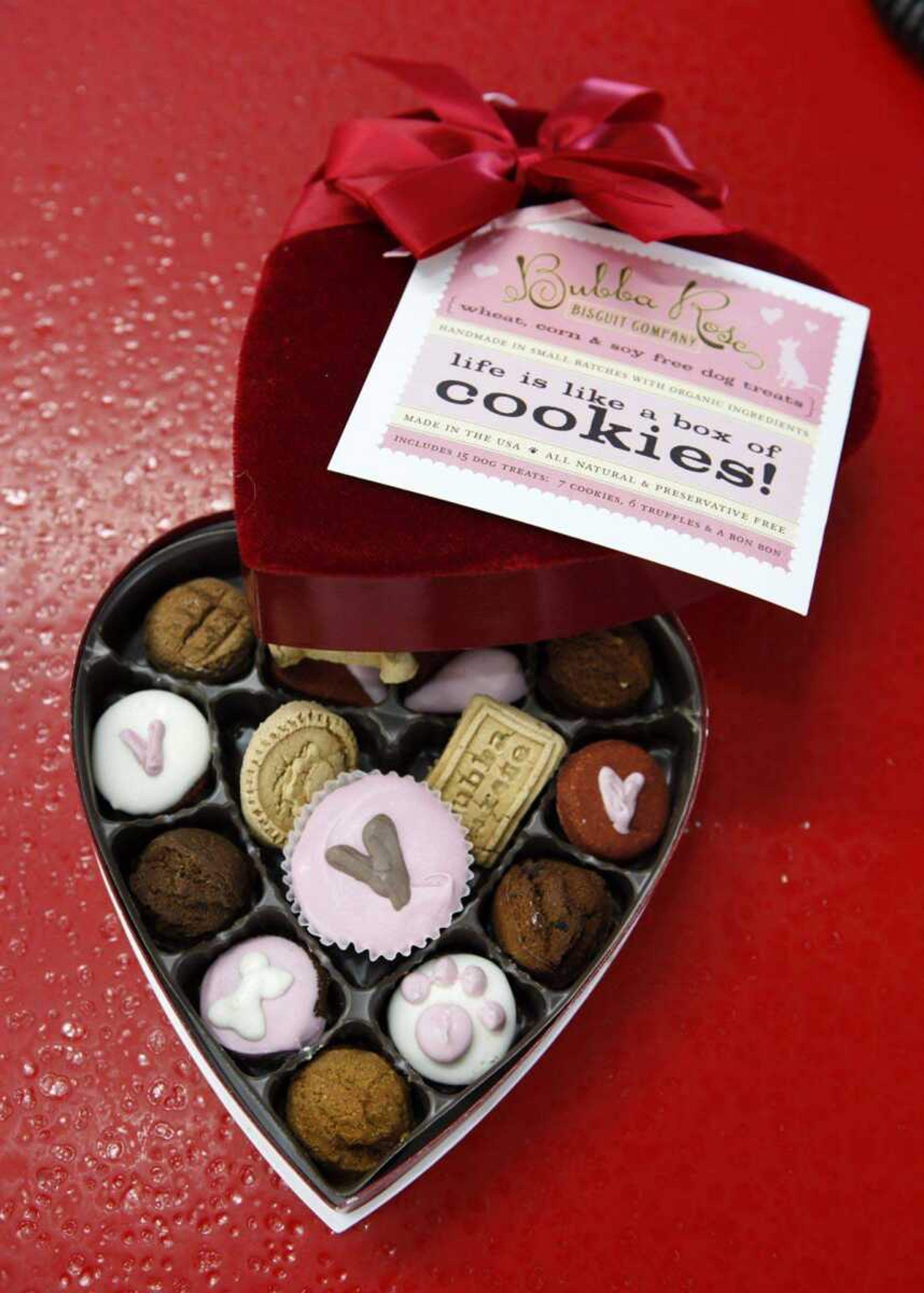 Valentine dog treats are seen Jan. 30 at the Bone-a-patreat store in Des Moines, Iowa.