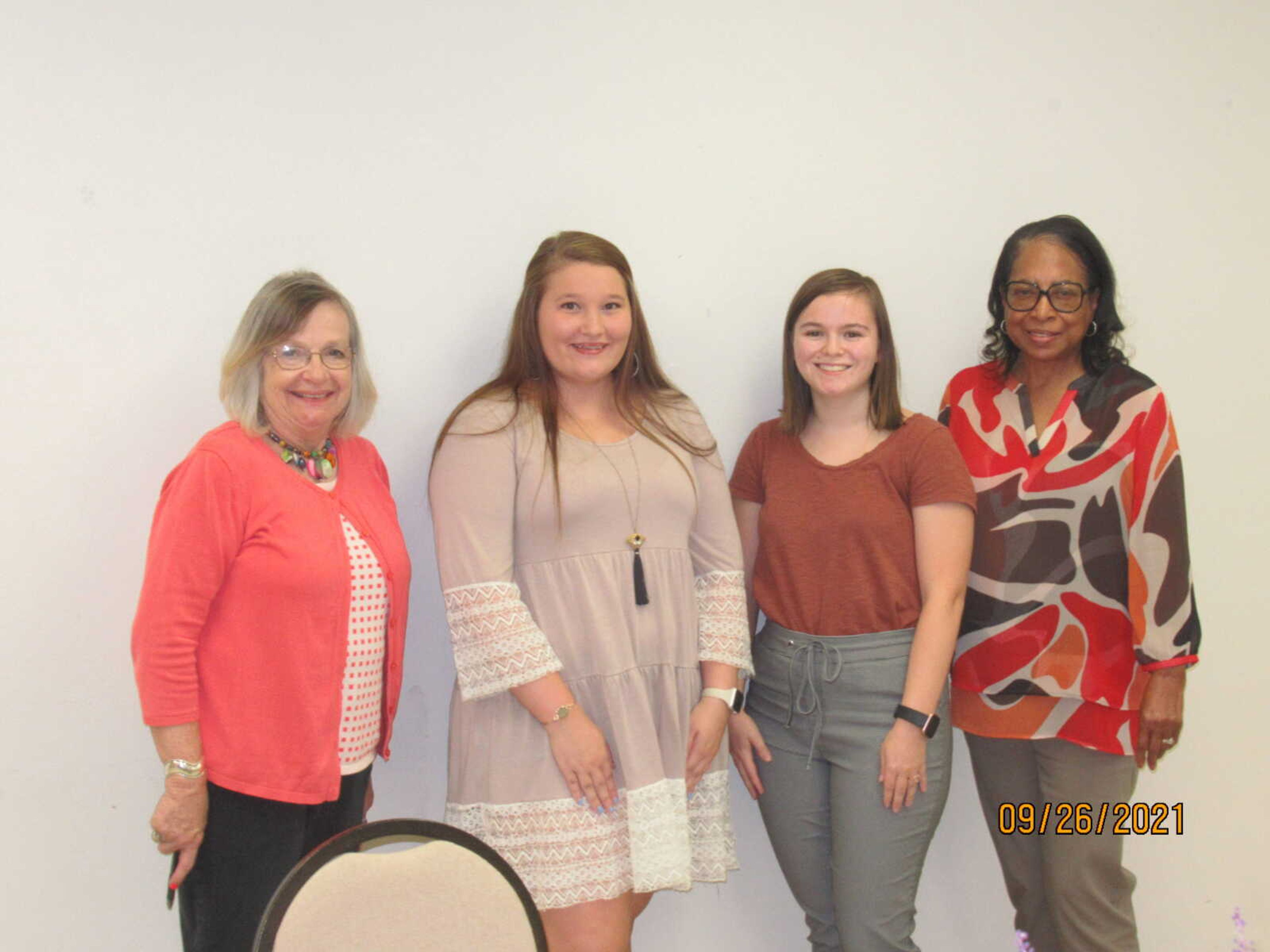 Pictured, left to right are President Mary Gosche, Dailey Bond, Zoe Fuhrhop, and Scholarship Committee Chairperson Dr. Loretta Prater.