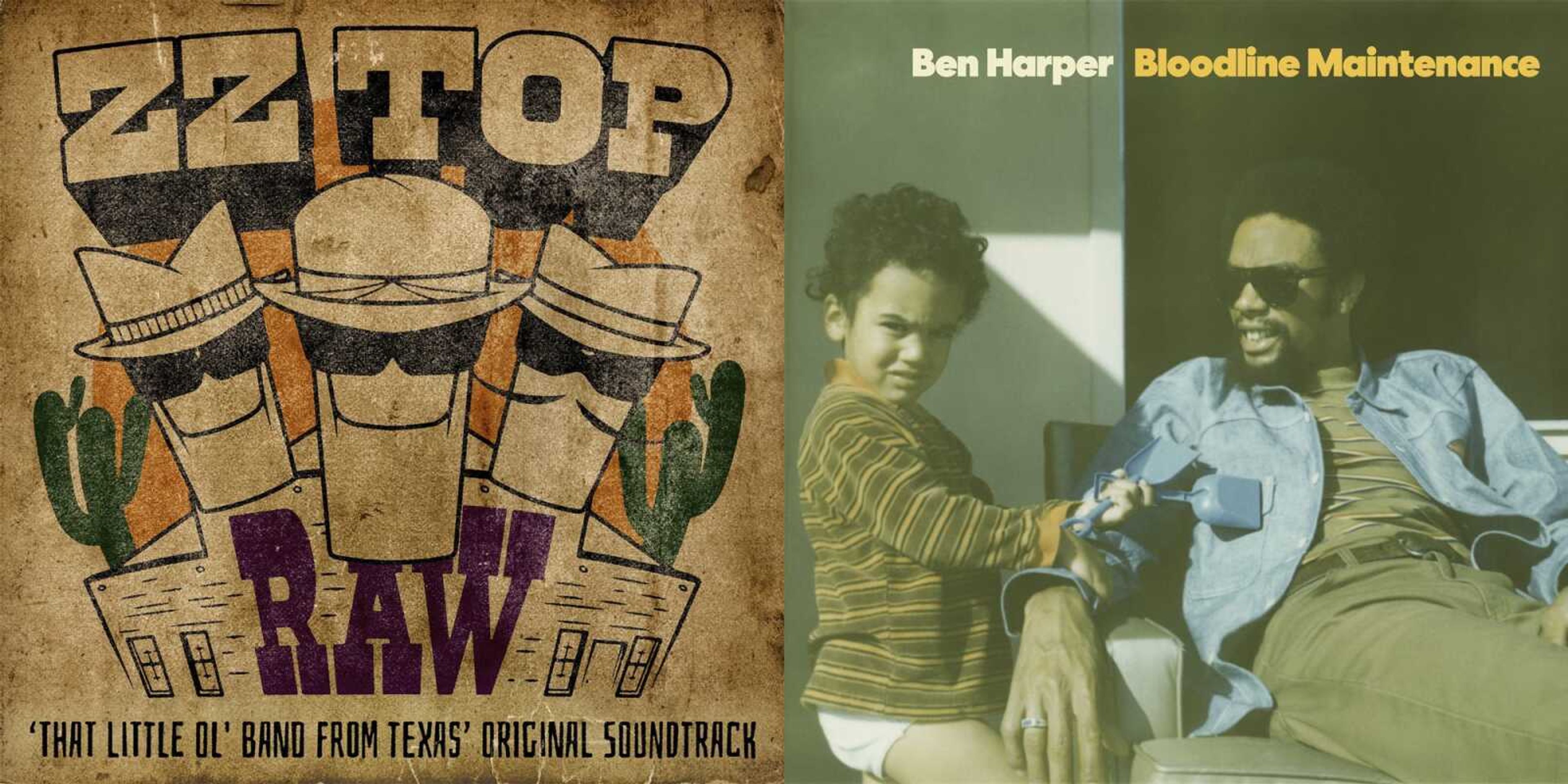 This combination of images shows album art for ZZ Top's new, 11-track live album, "Raw," left; and Ben Harper's 11-track album "Bloodline Maintenance."