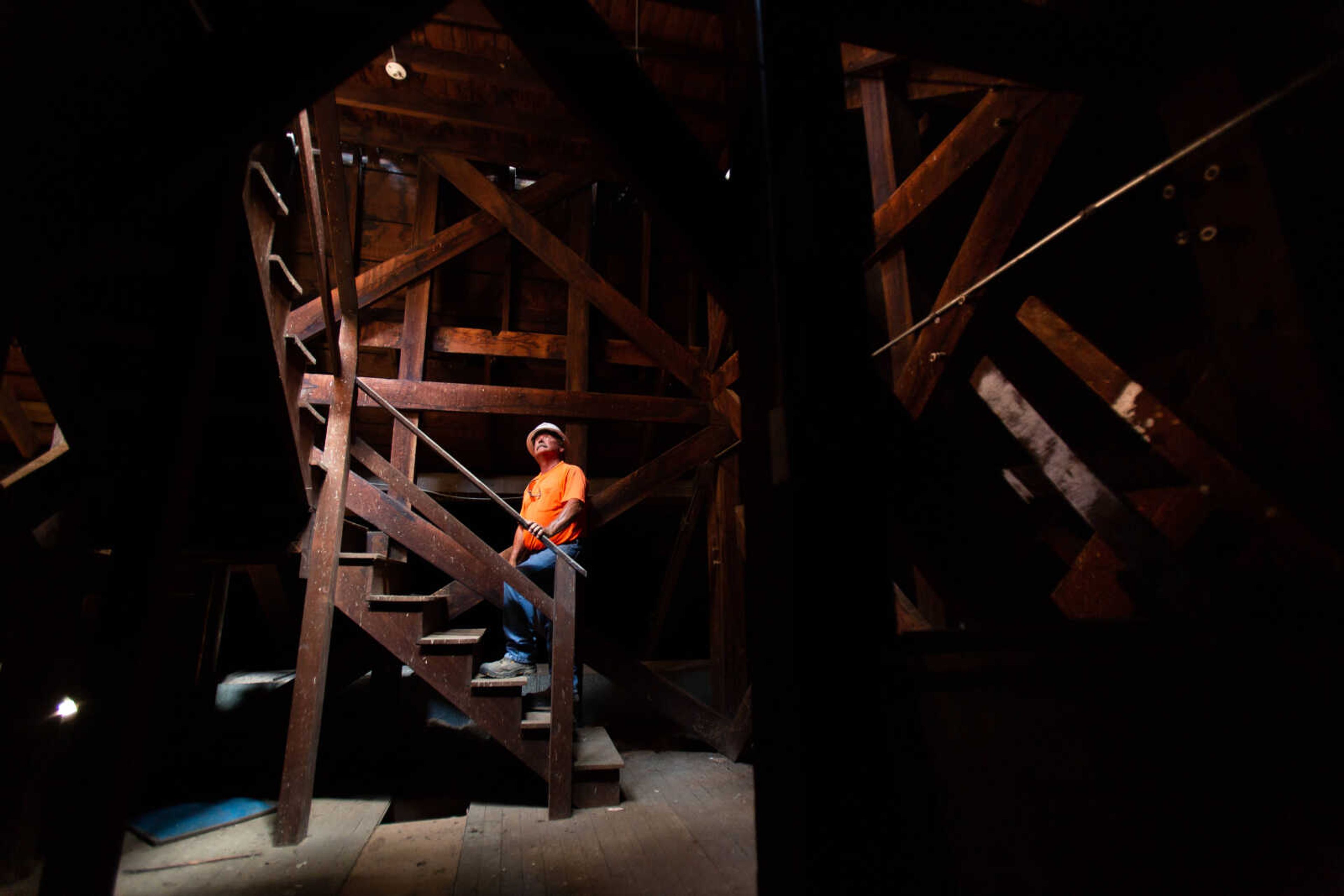 Project superintendent David Marigeaux  pauses at the bottom of the staircase leading to the cupola in the attic of the Common Pleas Courthouse as renovation continues on the historic structure on Tuesday, June 16, 2020.