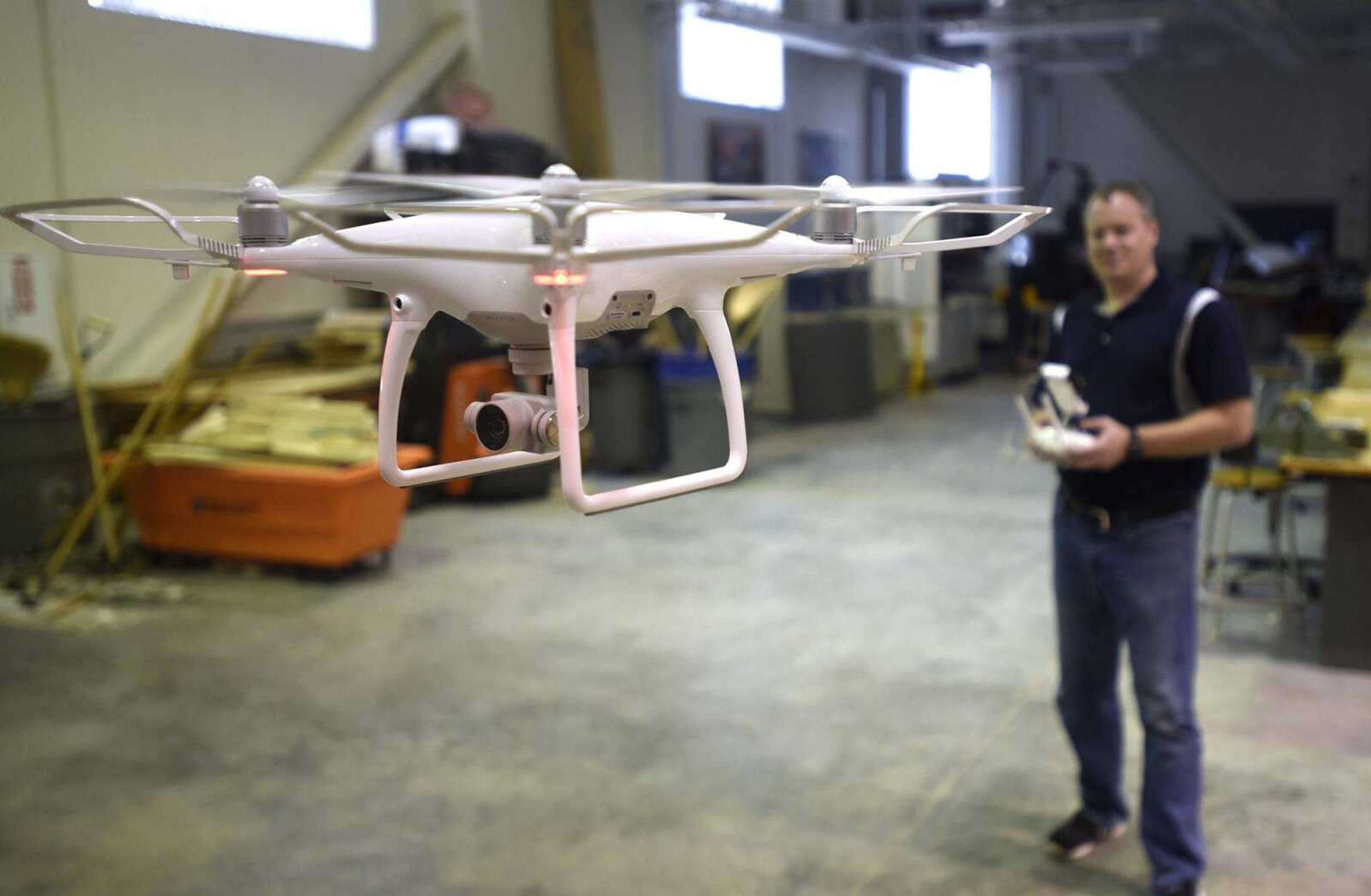 Brad Deken flies a drone Thursday inside Southeast Missouri State University's Polytech Building in Cape Girardeau.