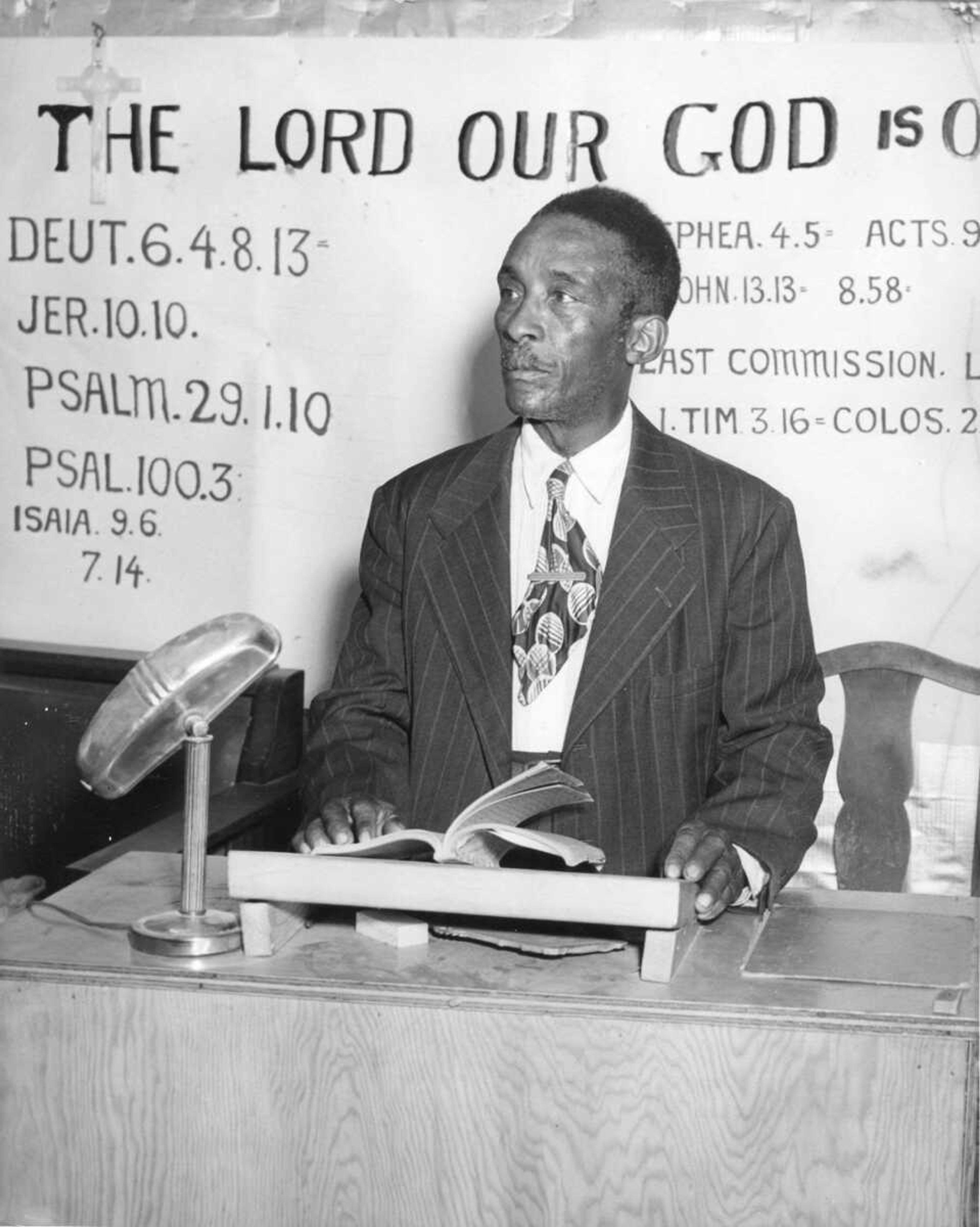 The Rev. Ben. E. Collins stands in the pulpit of The Church of Our Lord Jesus Christ of the Apostolic Faith in Smelterville. Bami Rollins wrote a feature “Meet Our Ministers” article about Cannon for The Southeast Missourian on Aug. 14, 1954.