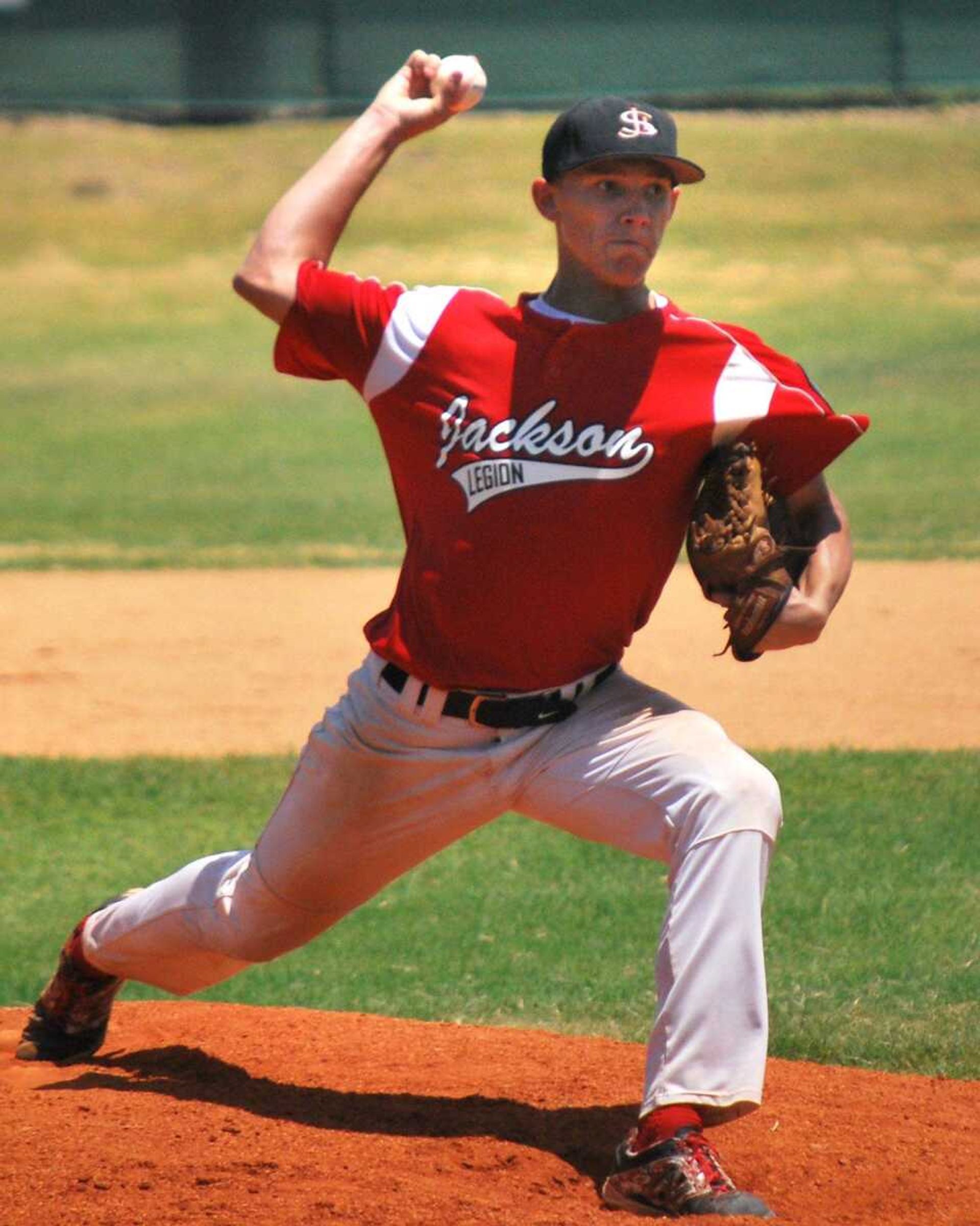 Jackson Legion Post 158 starting pitcher Gavon Turner delivers a pitch against Cape Girardeau Ford and Sons Post 63 in the District 14 Senior American Legion tournament Saturday, July 18, 2015, in Sikeston. (Trent Singer)