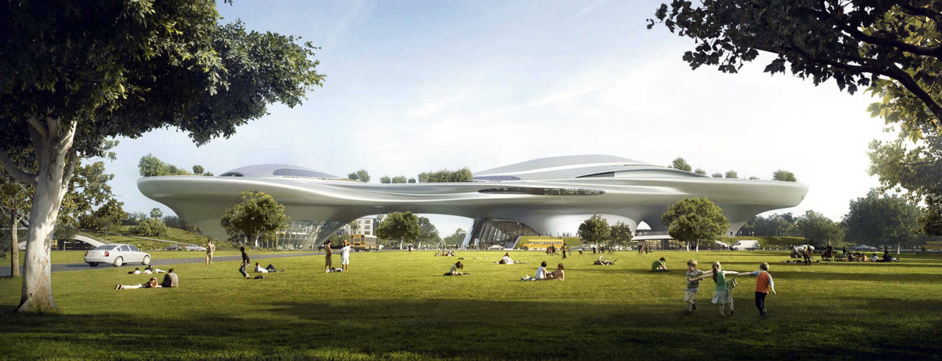 This undated concept design shows a rendering of the proposed Lucas Museum of Narrative Art in Exposition Park in Los Angeles.