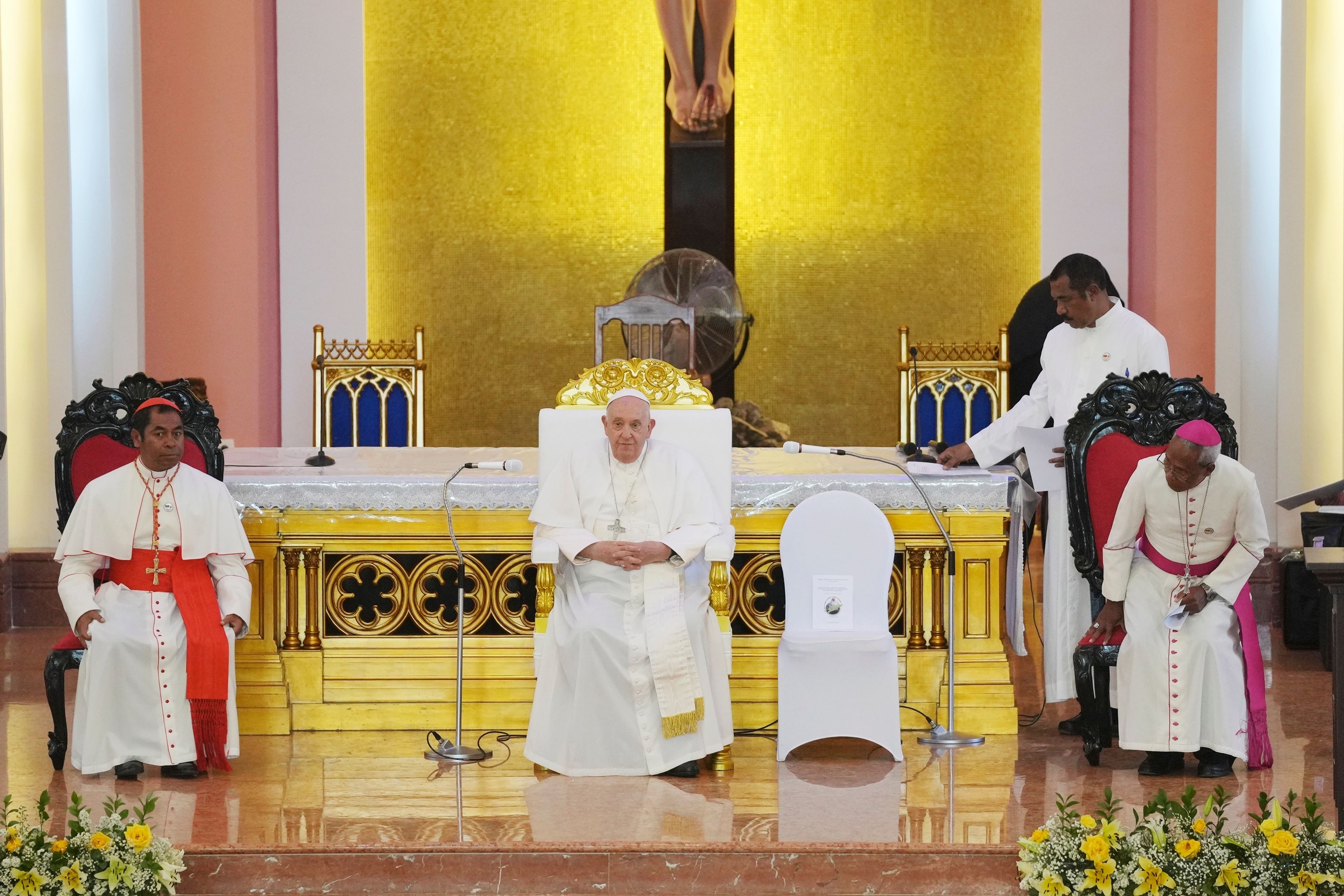 Pope Francis leads the holy mass at the Cathedral of the Immaculate Conception in Dili, East Timor, Tuesday, Sept. 10, 2024. (AP Photo/Dita Alangkara)