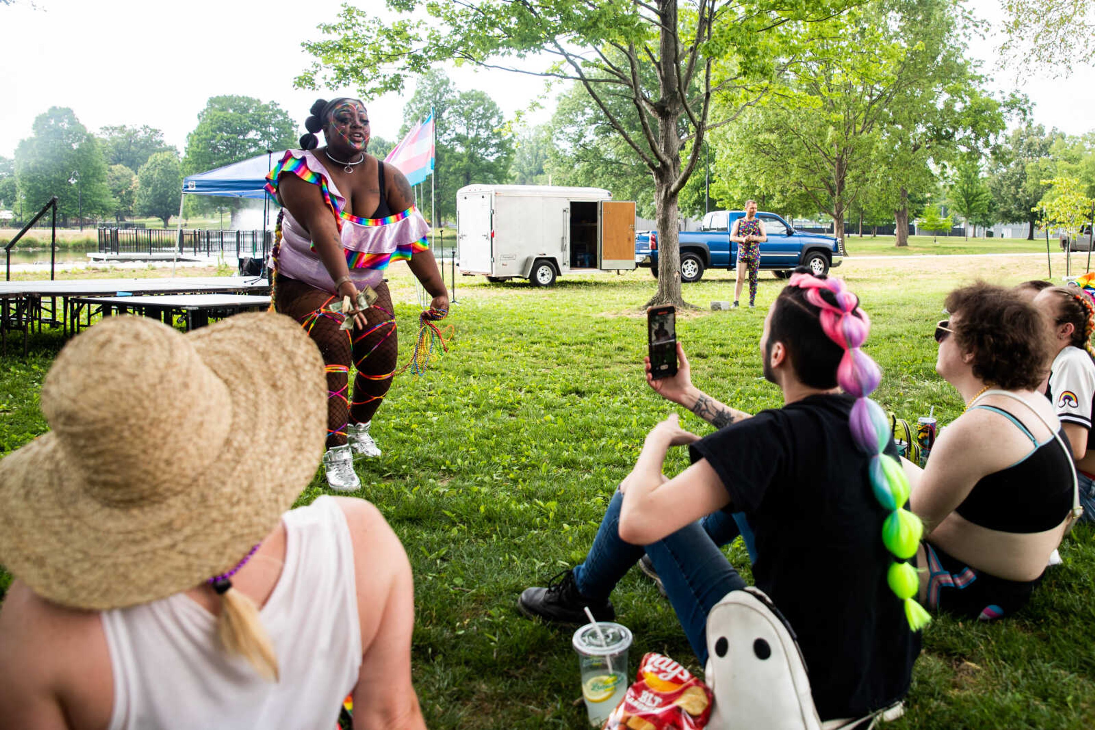 Nila Braunskill performs drag as "Dolly Amarous" at Pride in the Park.