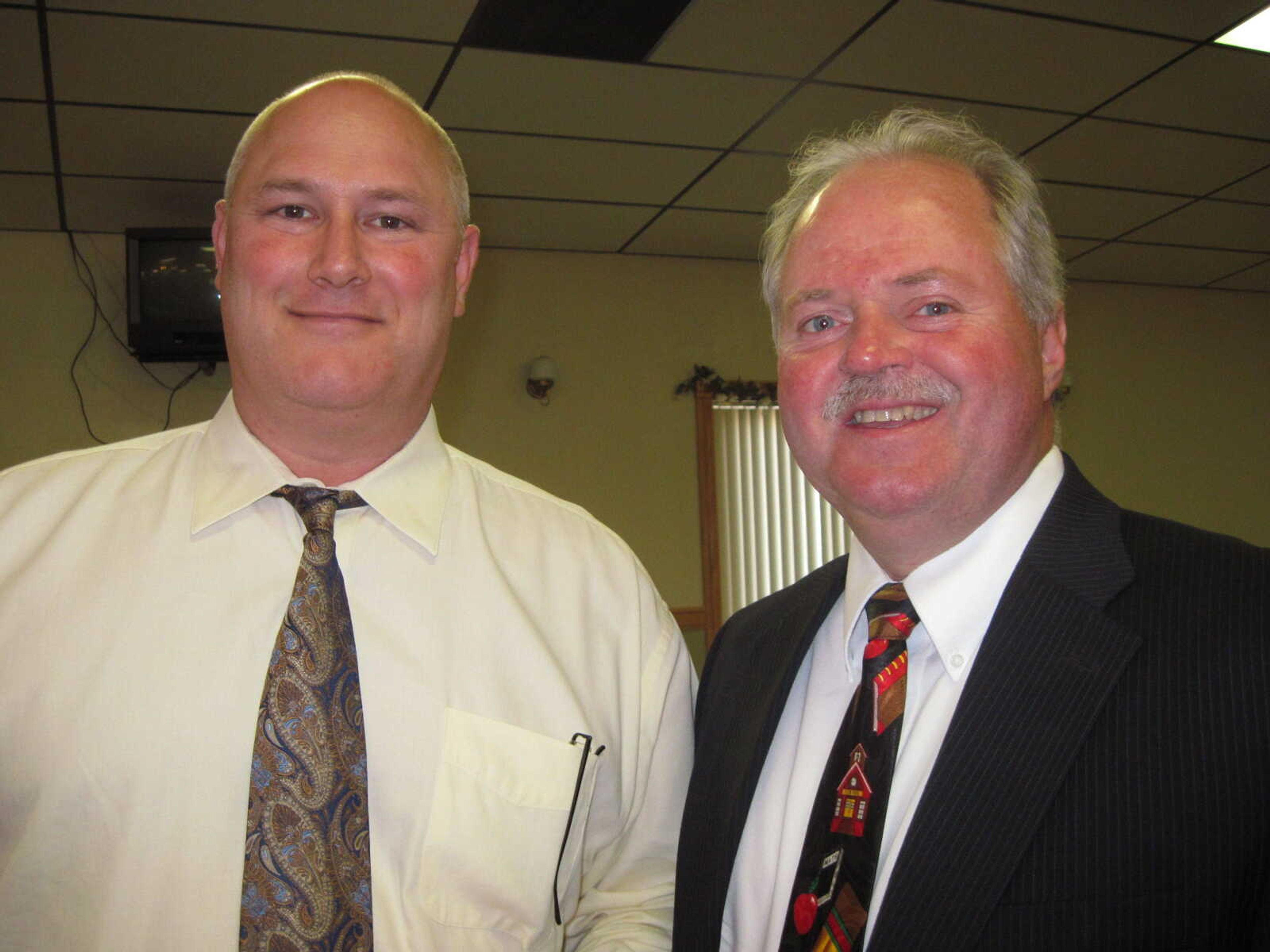 BRIAN BLACKWELL ~ bblackwell@semissourian.com 

Vince Powell and Jeff Bollinger attended the Jackson Chamber of Commerce Educator of the Year Banquet at the Knights of Columbus Hall in Jackson on Thursday, April 8, 2010.