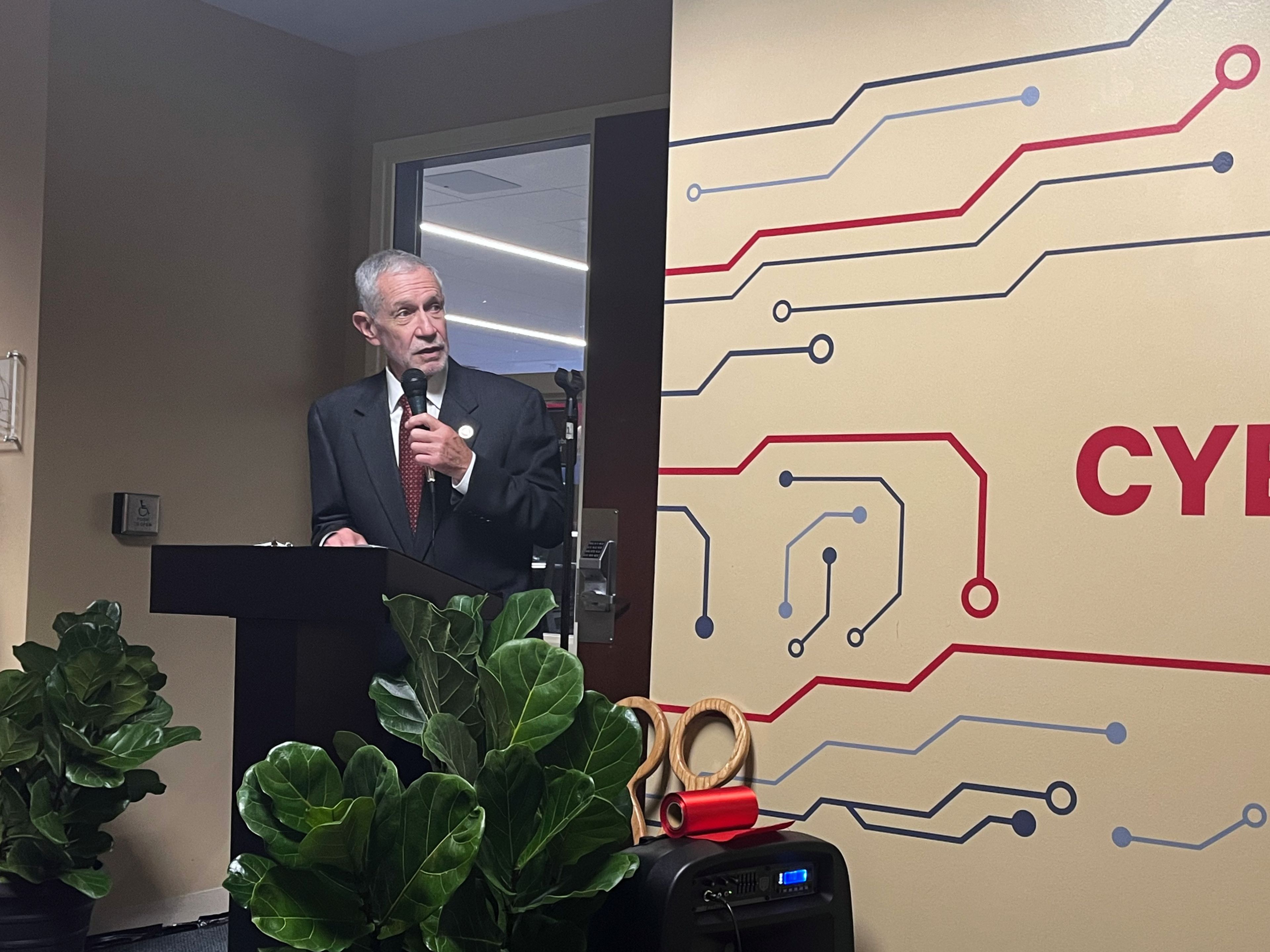 Southeast Missouri State University president Carlos Vargas speaks during a ribbon-cutting ceremony for the Charles Stamp Cyber Command Center on Friday, Oct. 25, at Dempster Hall on SEMO's campus. 