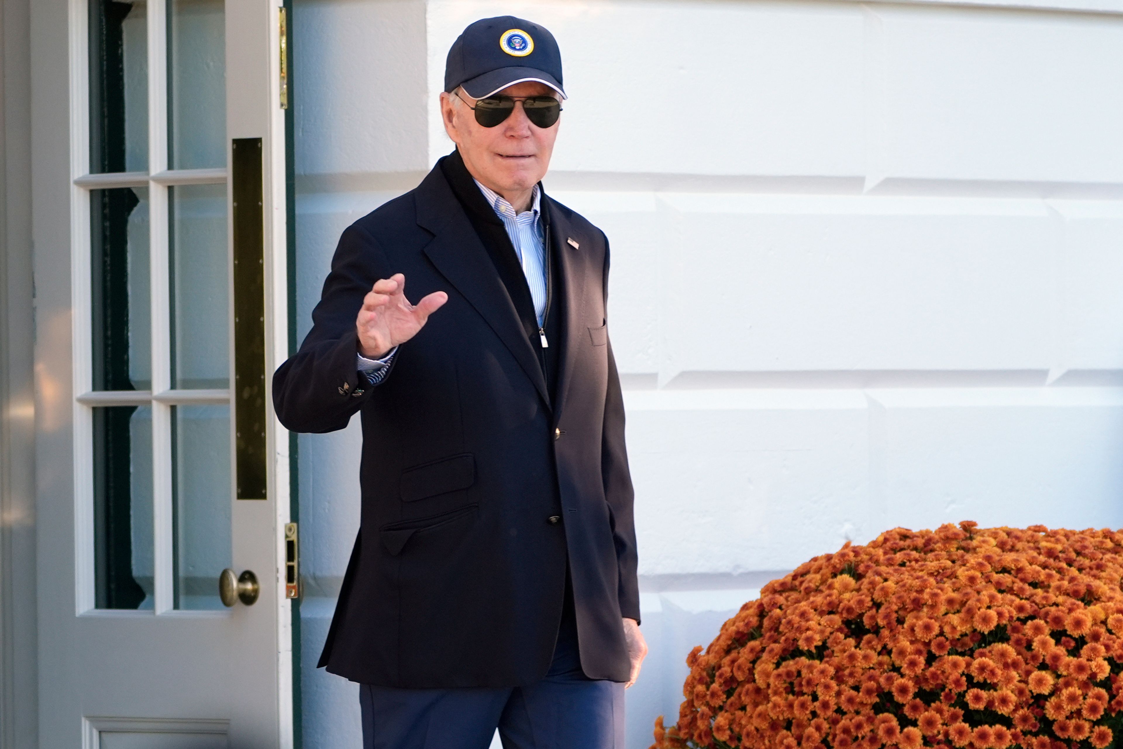 President Joe Biden walks out of the White House to travel to Germany for a meeting with German Chancellor Olaf Scholz, President Emmanuel Macron of France, and Prime Minister Keir Starmer of the United Kingdom, Thursday, Oct. 17, 2024, in Washington. (AP Photo/Manuel Balce Ceneta)