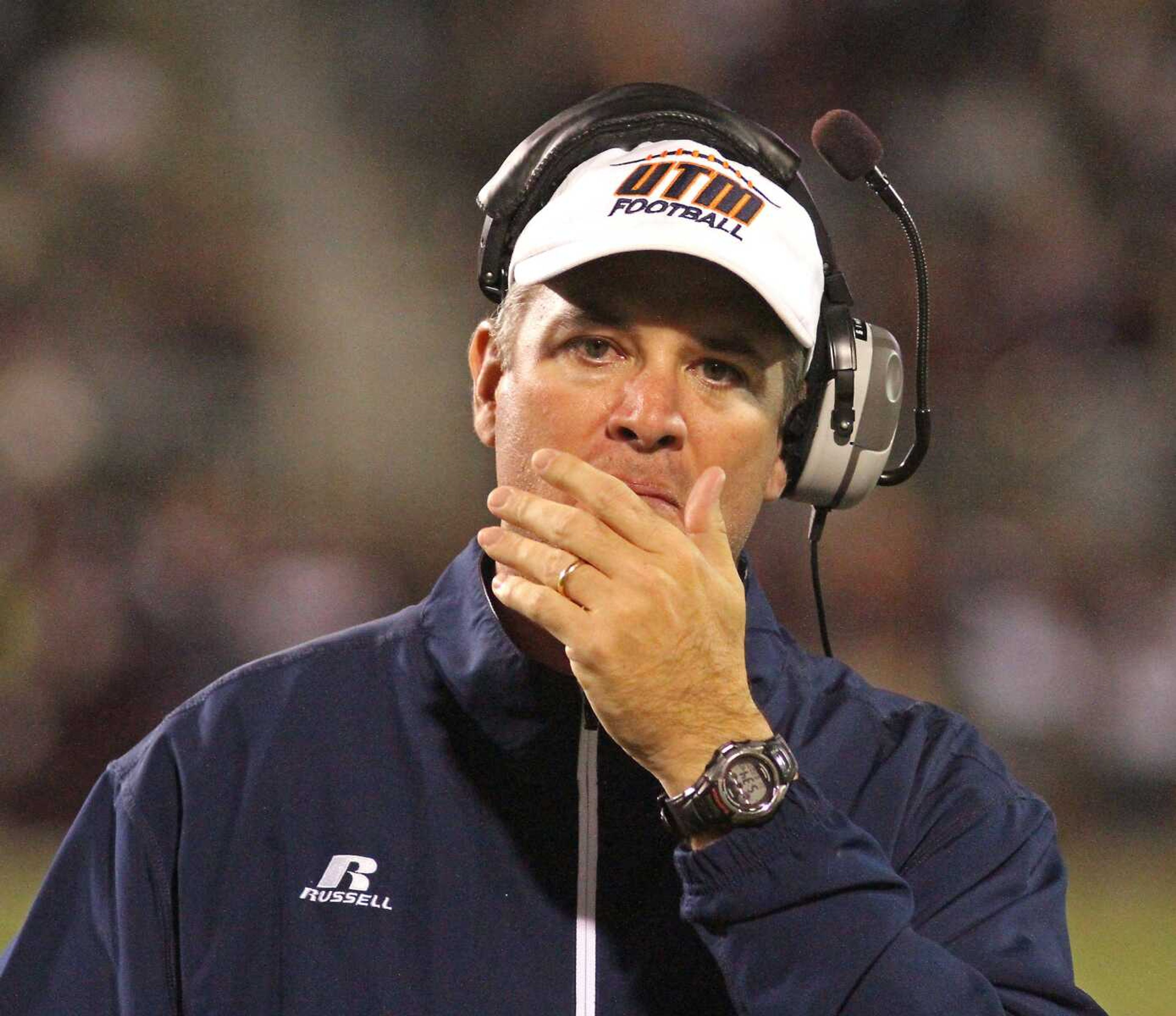 Tennessee-Martin coach Jason Simpson reacts during the second half of an NCAA college football game against Mississippi State in Starkville, Miss., Saturday, Nov. 8, 2014. Mississippi State won 45-16. (AP Photo/Jim Lytle)