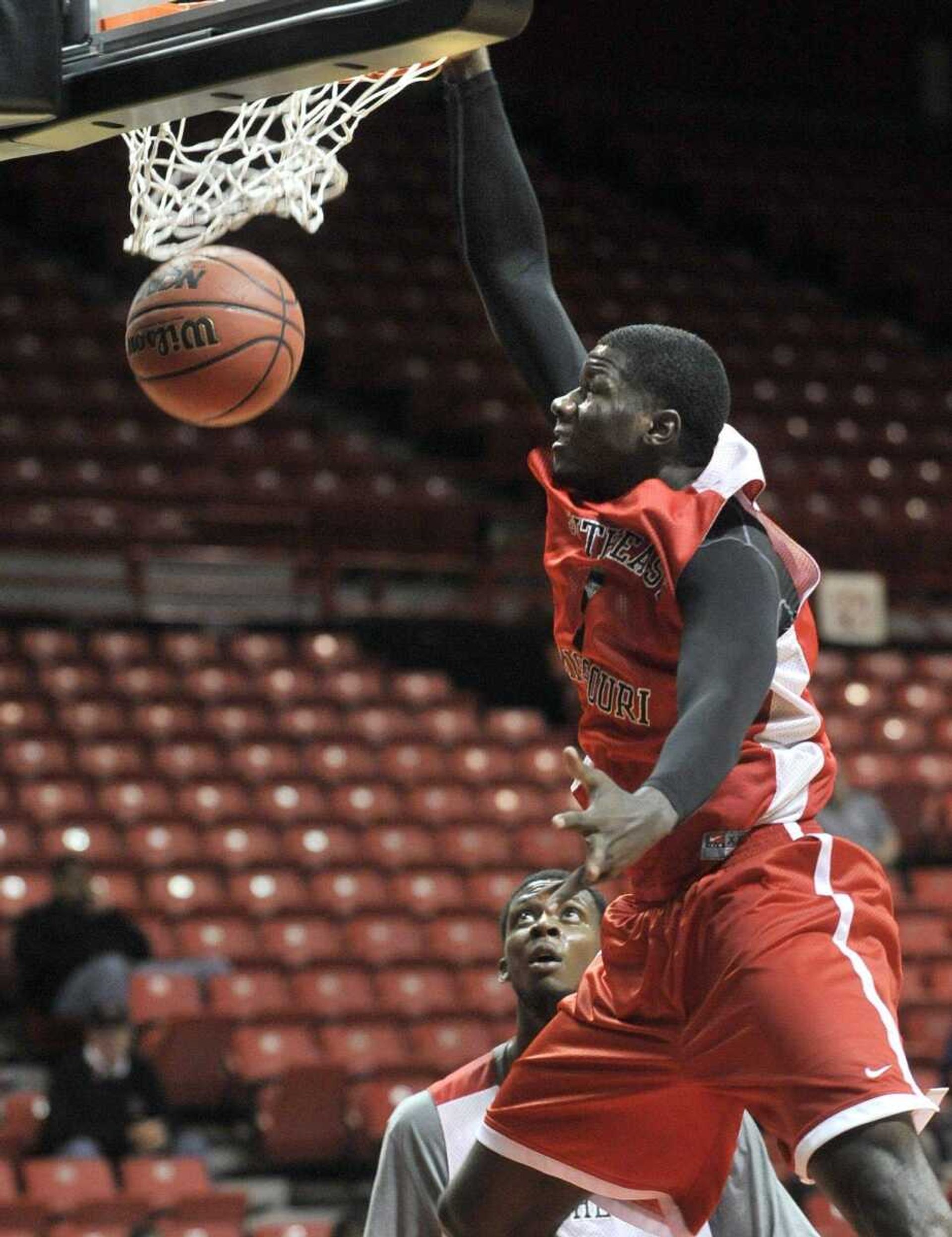 Nino Johnson dunks for the red team during the Southeast men&#8217;s basketball scrimmage Saturday at the Show Me Center. (Fred Lynch)