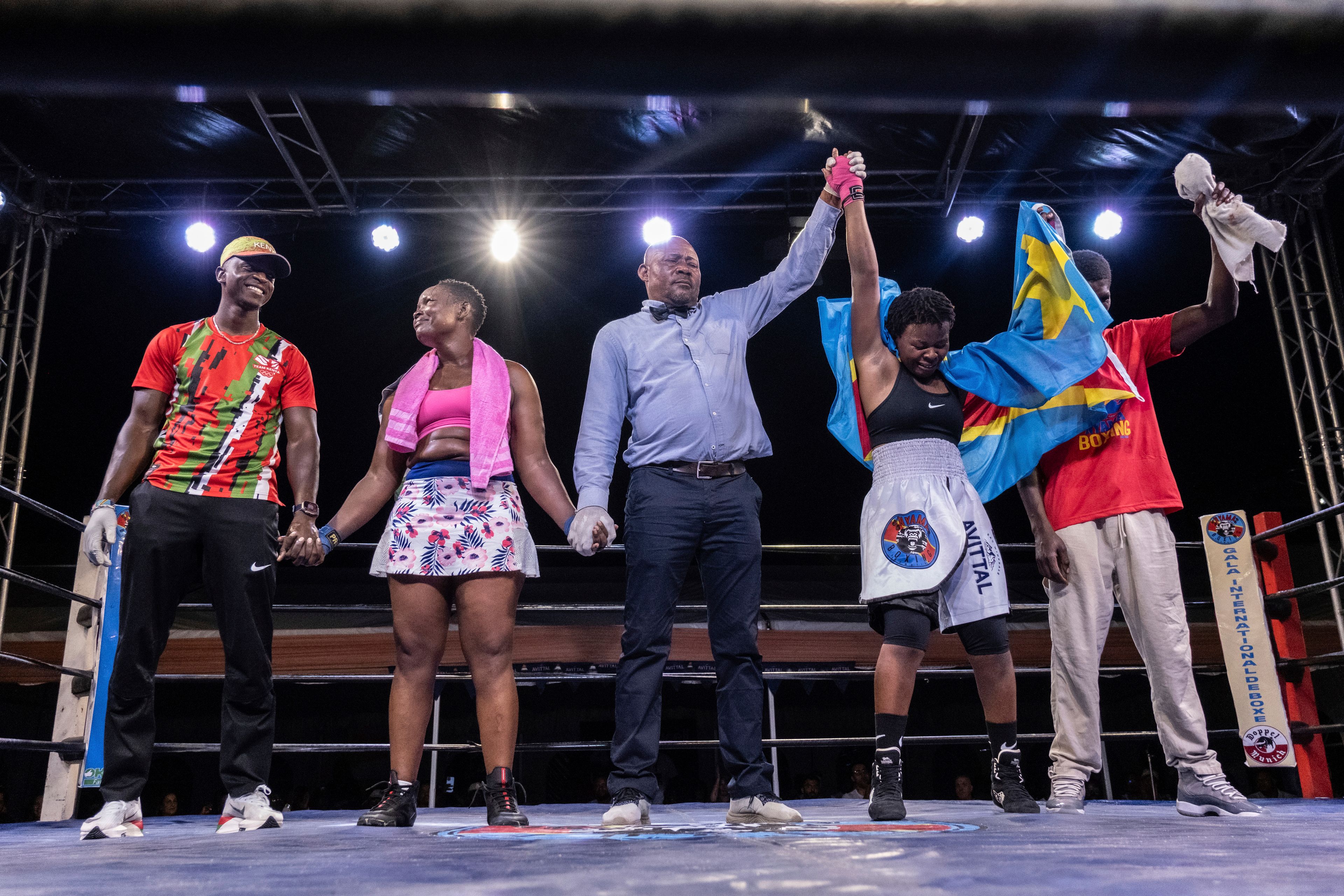 Daniella Mulekets, 20, wins in her first professional boxing match against Kenyan Charity Mukami in Goma, Democratic republic of the Congo, Oct. 26 2024, on the 50th anniversary of the "Rumble in the Jungle" fight between Muhammad Ali and George Foreman in Kinshasa. (AP Photo/Moses Sawasawa)