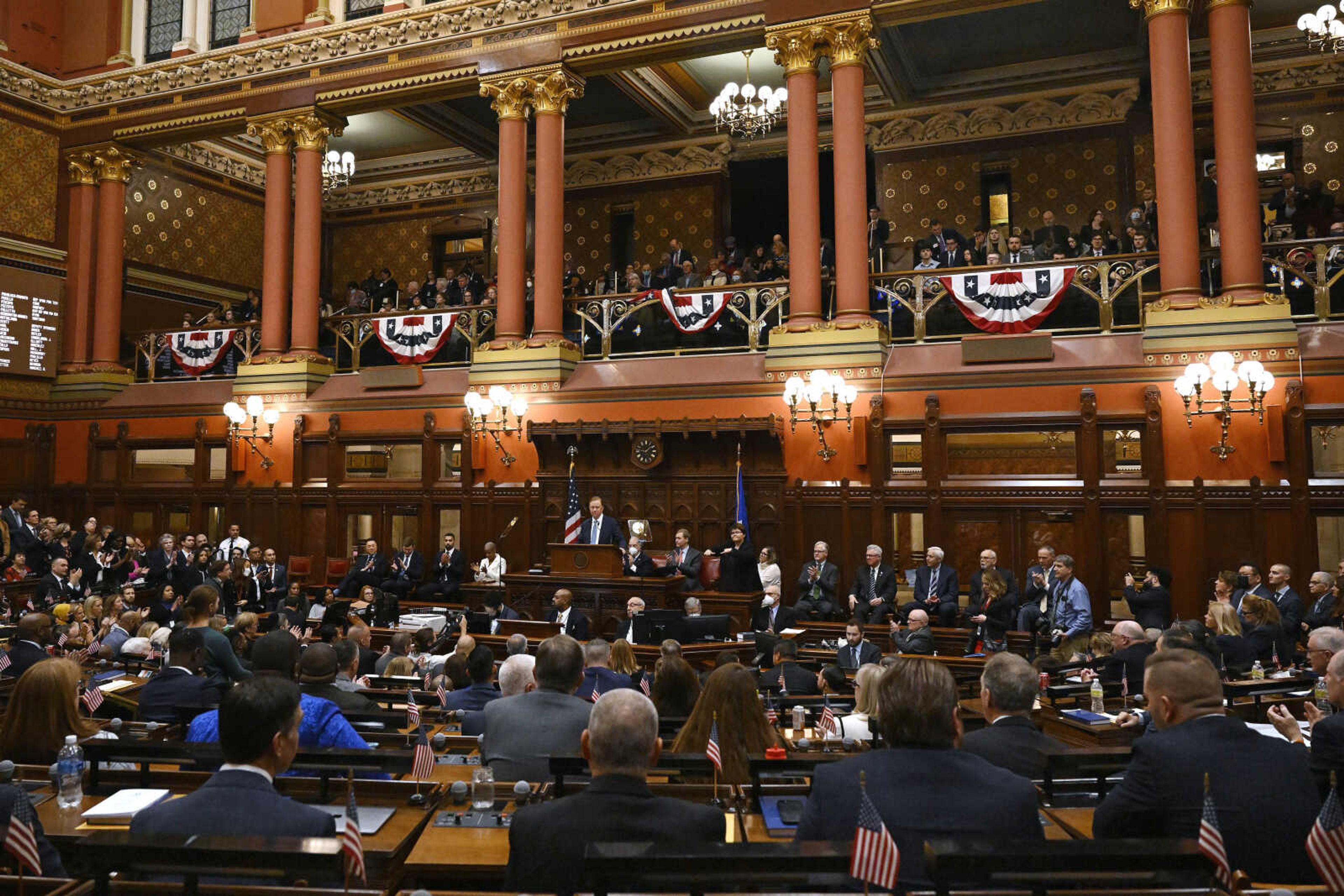 Connecticut Gov. Ned Lamont delivers the State of the State address during opening session of the Legislature on Jan. 4 at the State Capitol in Hartford. Lawmakers in Connecticut on July 19 passed a bill that places new controls on state government's use of artificial intelligence.